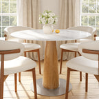 Oak Solid Wood Tapered Pedestal Round Dining Table with Snow White Stone Top - 43.31'' W X 43.31'' D X 29.53'' H - image 0