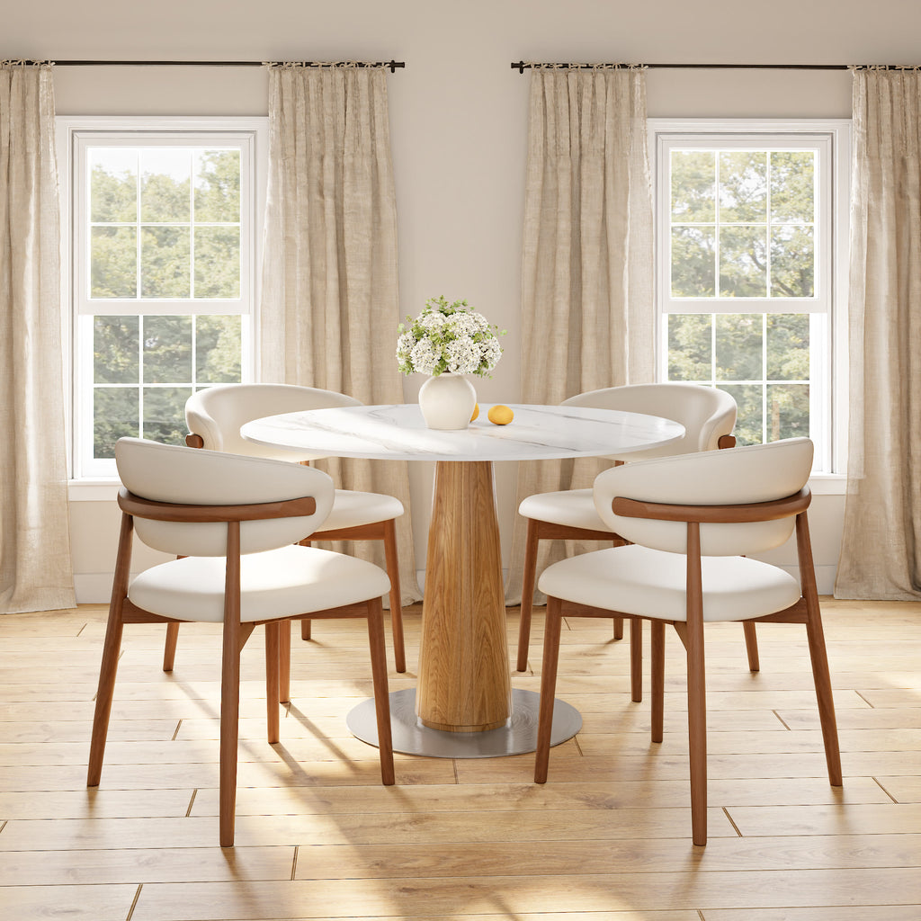 Oak Solid Wood Tapered Pedestal Round Dining Table with Snow White Stone Top - image 4