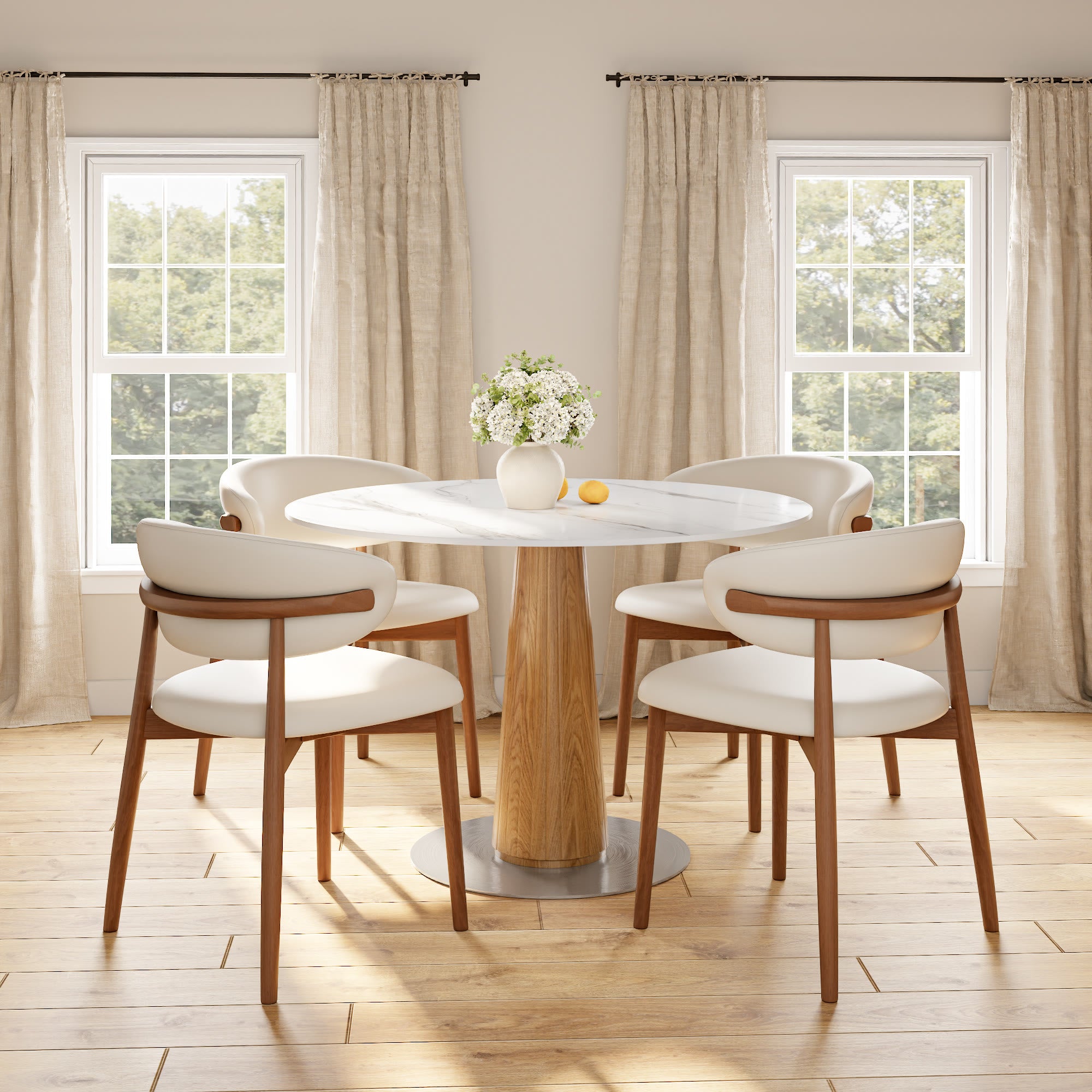 Oak Solid Wood Tapered Pedestal Round Dining Table with Snow White Stone Top - image 4