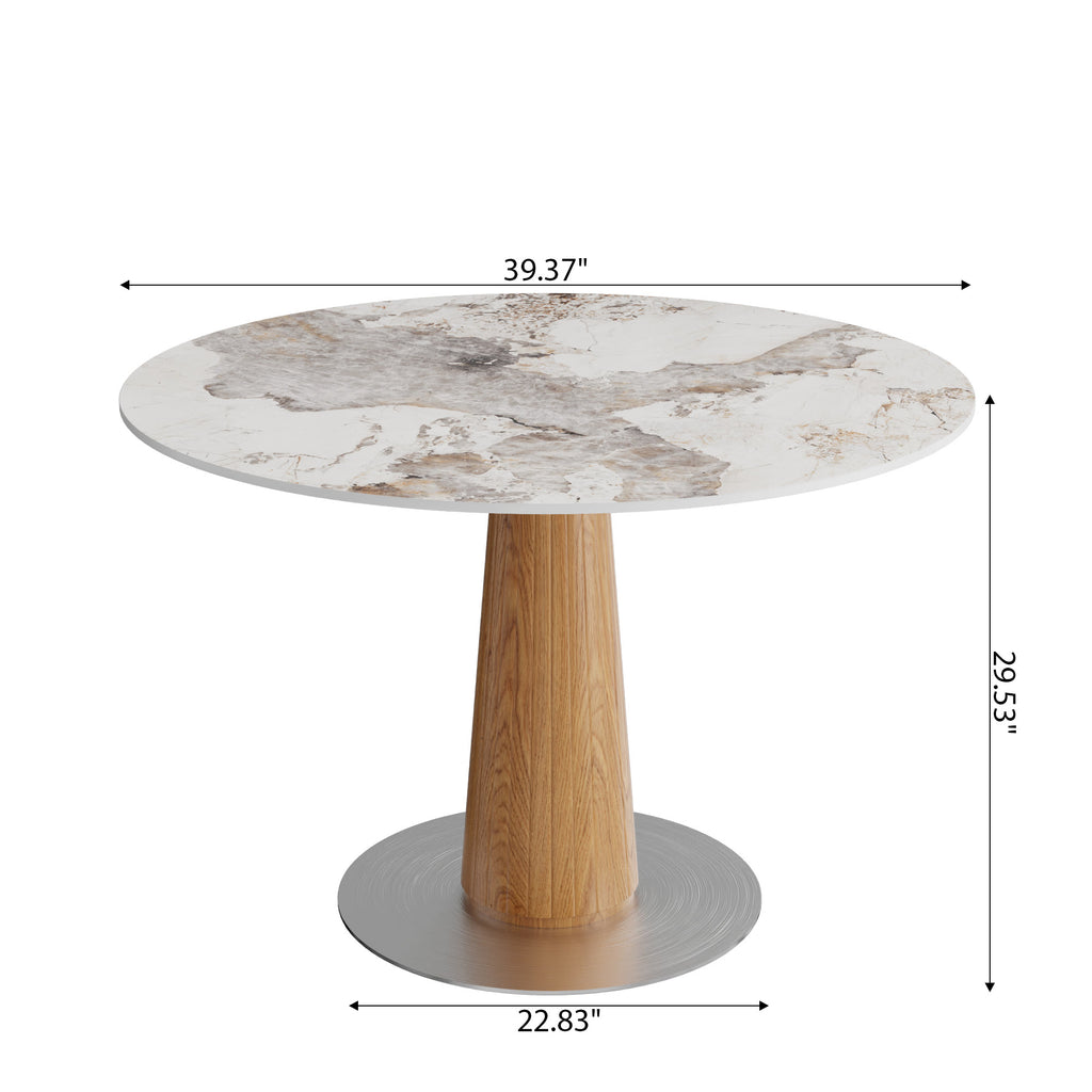 Oak Solid Wood Tapered Pedestal Round Dining Table with Pandora Stone Top - image 5