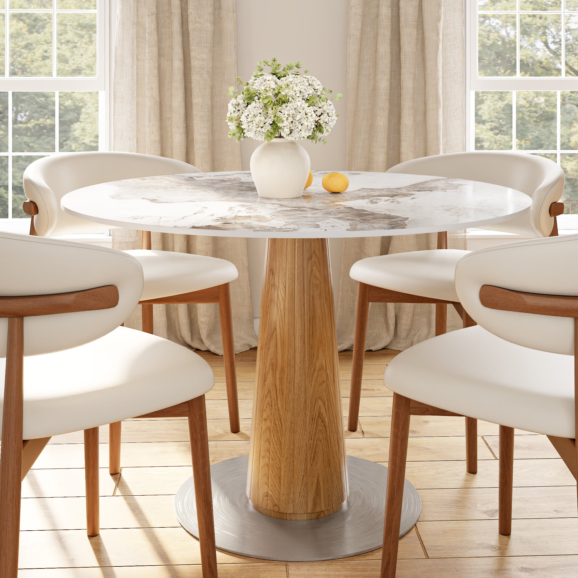 Oak Solid Wood Tapered Pedestal Round Dining Table with Pandora Stone Top - 43.31'' W X 43.31'' D X 29.53'' H - image 0