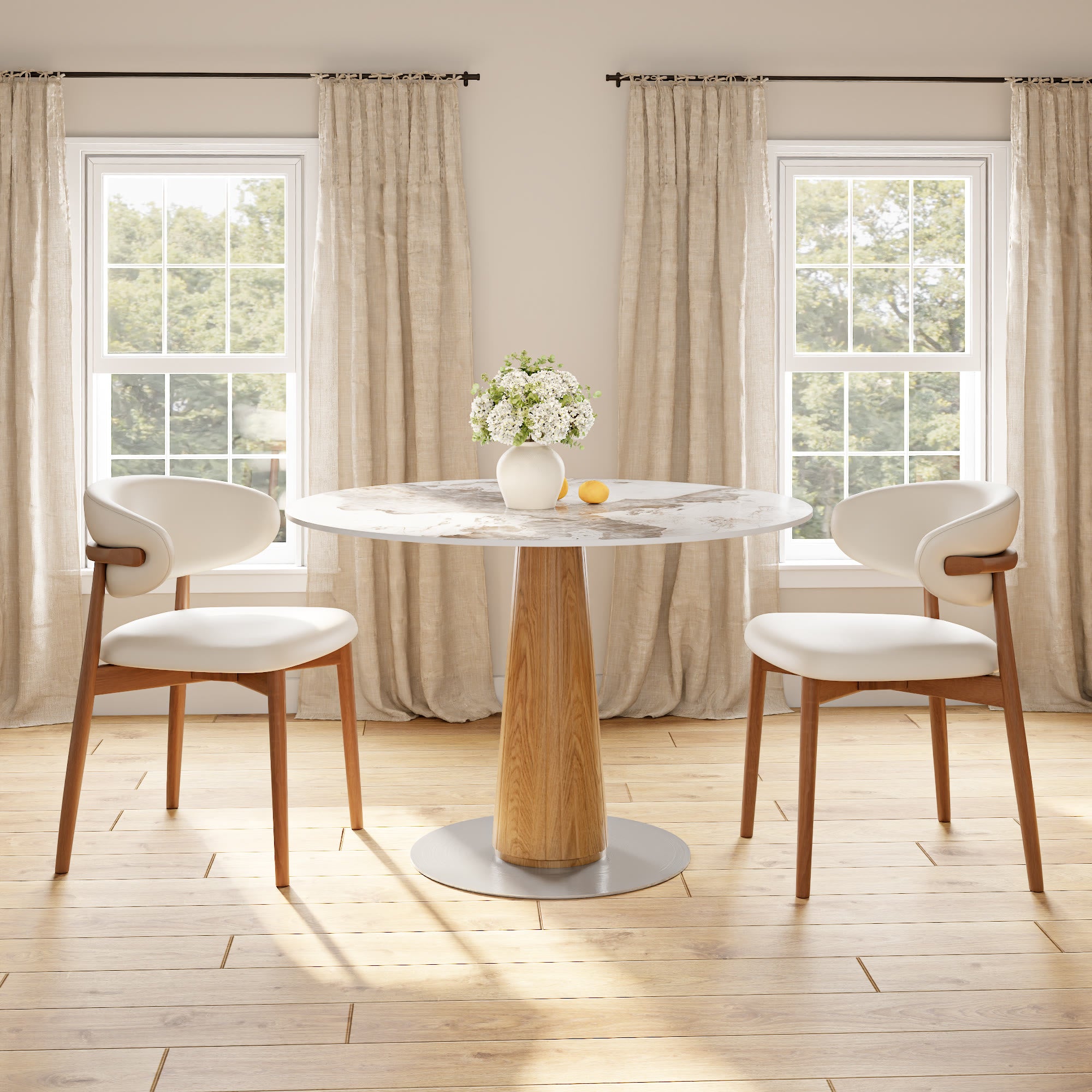 Oak Solid Wood Tapered Pedestal Round Dining Table with Pandora Stone Top - image 4