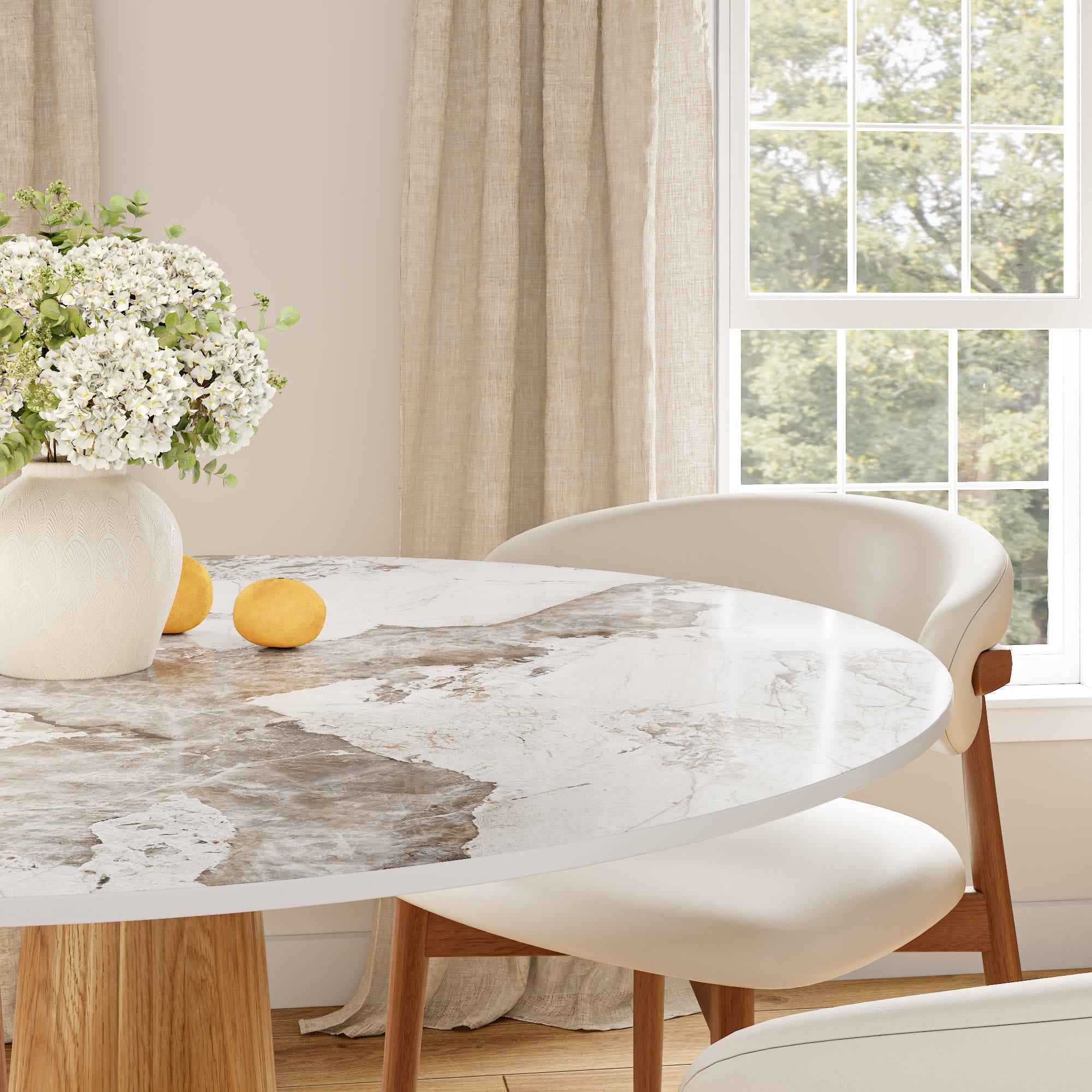 Oak Solid Wood Tapered Pedestal Round Dining Table with Pandora Stone Top - image 3