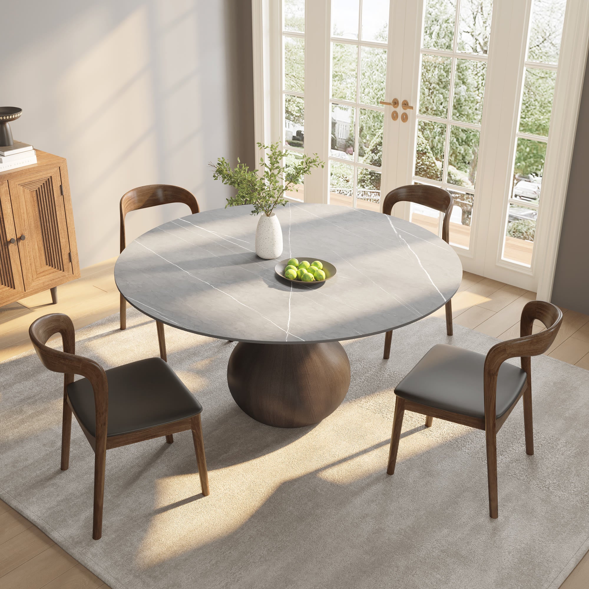 Centria Dark Walnut Solid Wood Pedestal Round Dining Table with Grey Stone Top - image 5