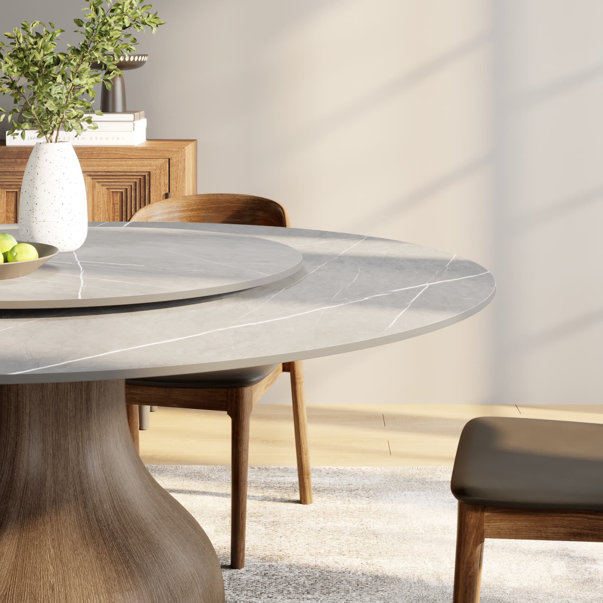 Centria Dark Walnut Solid Wood Pedestal Round Dining Table with Grey Stone Top and Removable Lazy Susan - image 4