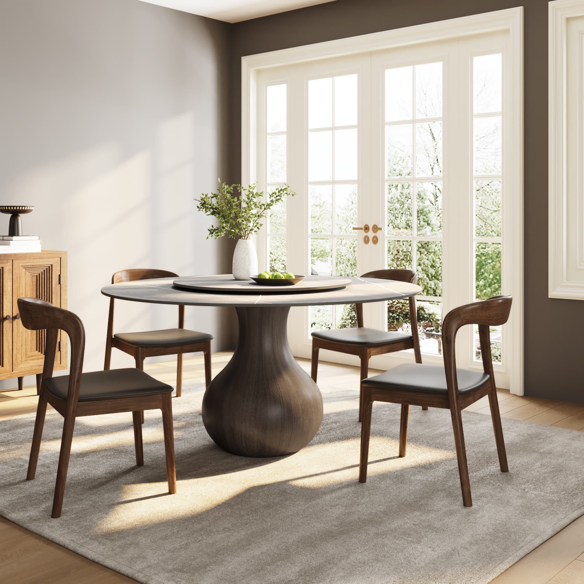 Centria Dark Walnut Solid Wood Pedestal Round Dining Table with Grey Stone Top and Removable Lazy Susan - 59.05'' W X 59.05'' D X 29.53'' H - image 0