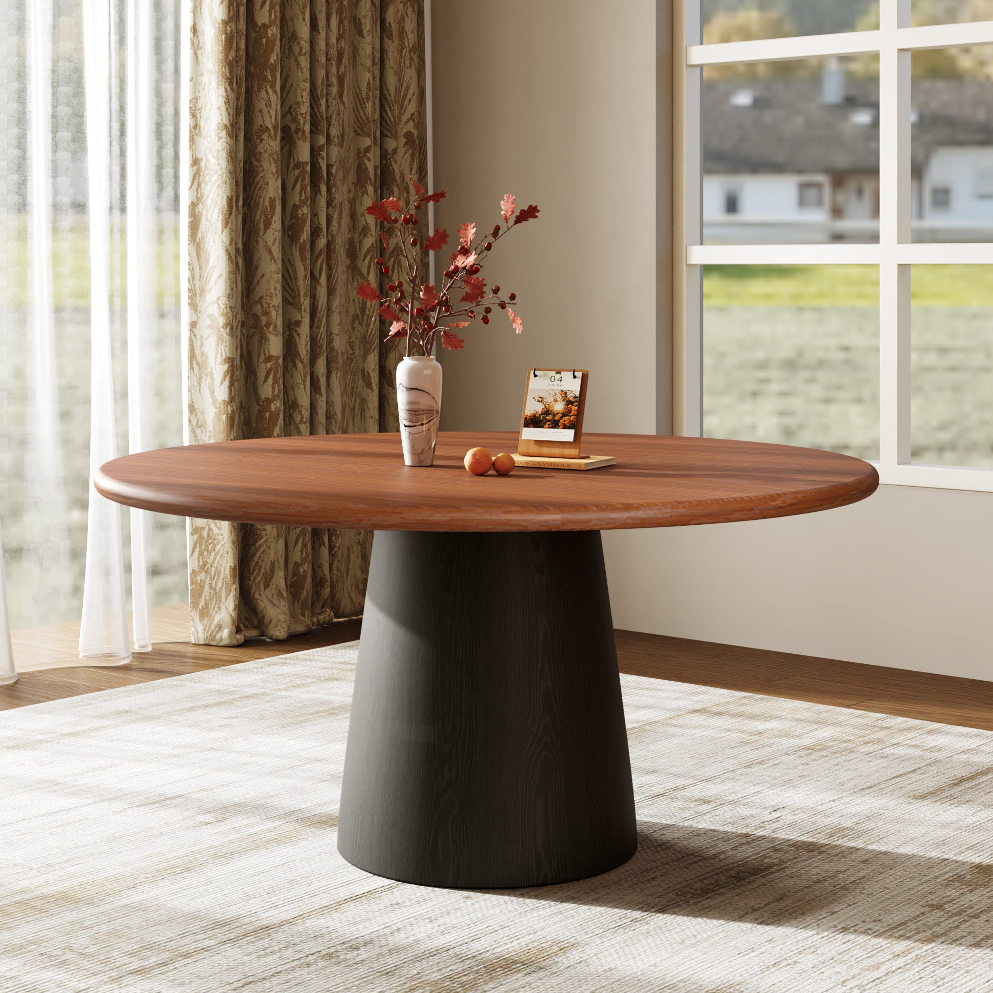 Calen Black Solid Wood Pedestal Round Dining Table with Walnut Solid Wood Top - image 2