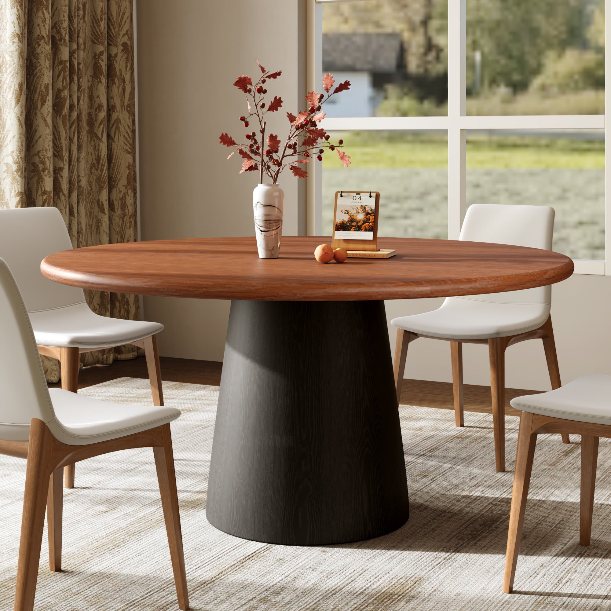 Calen Black Solid Wood Pedestal Round Dining Table with Walnut Solid Wood Top - 59.05'' W X 59.05'' D X 29.53'' H - image 0