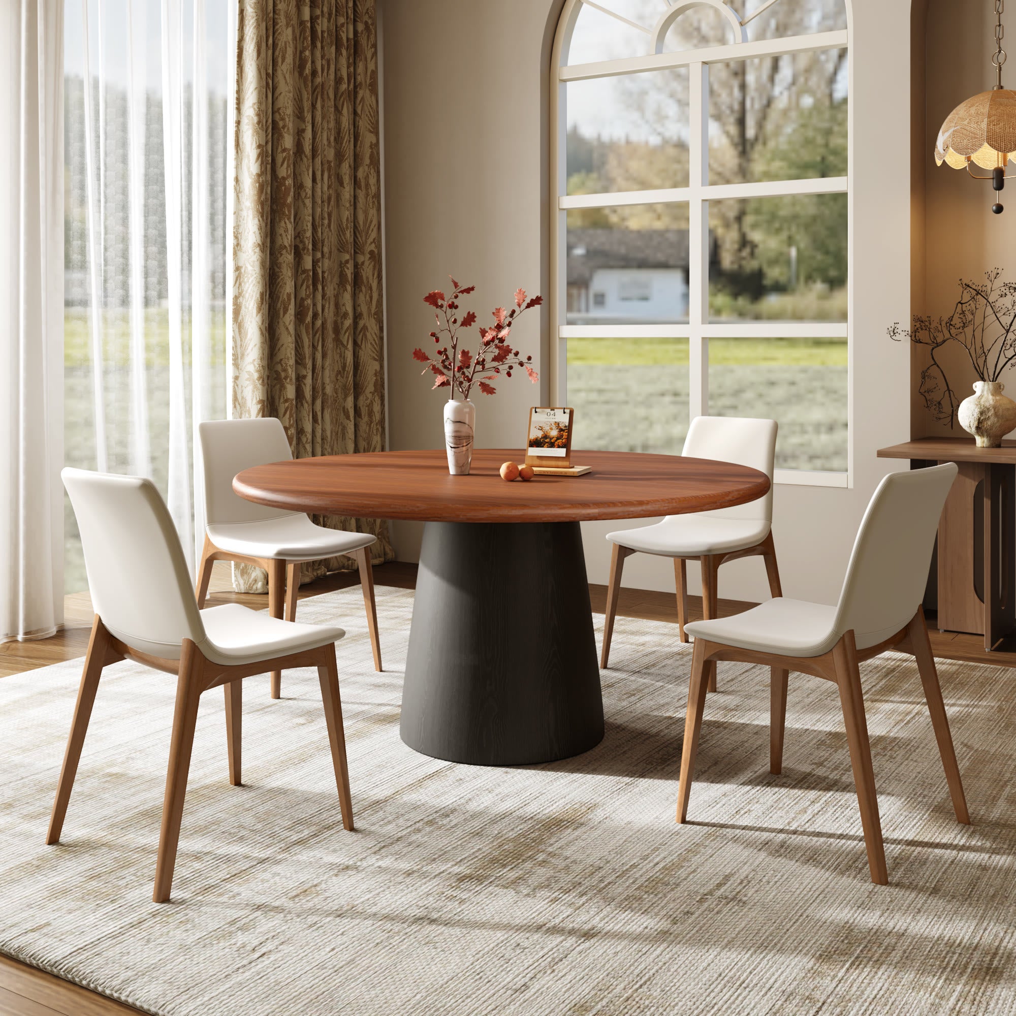 Calen Black Solid Wood Pedestal Round Dining Table with Walnut Solid Wood Top - image 3