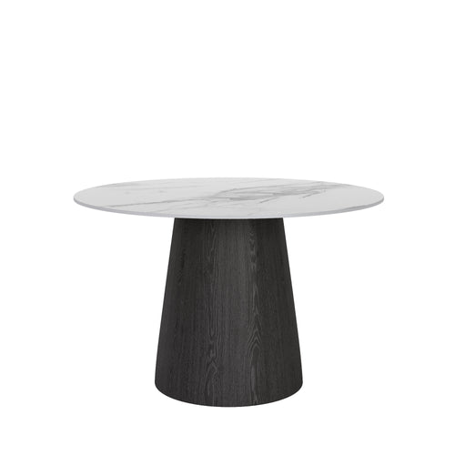 Calen Black Solid Wood Pedestal Round Dining Table with Snow White Stone Top - image 1