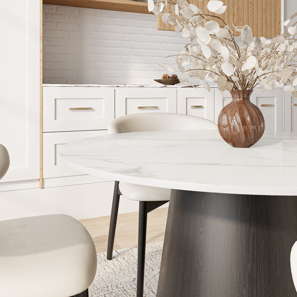 Calen Black Solid Wood Pedestal Round Dining Table with Snow White Stone Top - image 2