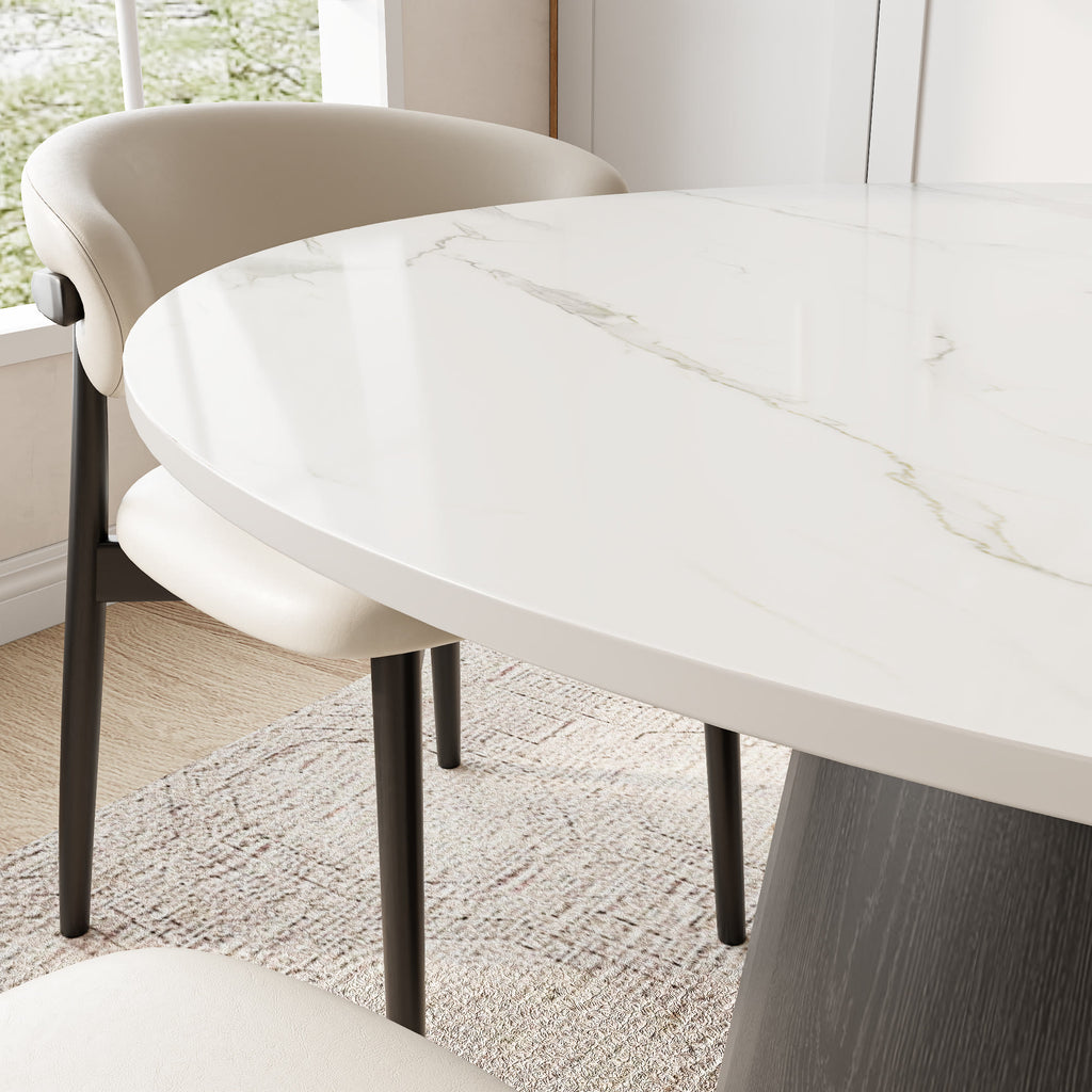 Calen Black Solid Wood Pedestal Round Dining Table with Snow White Stone Top - image 7