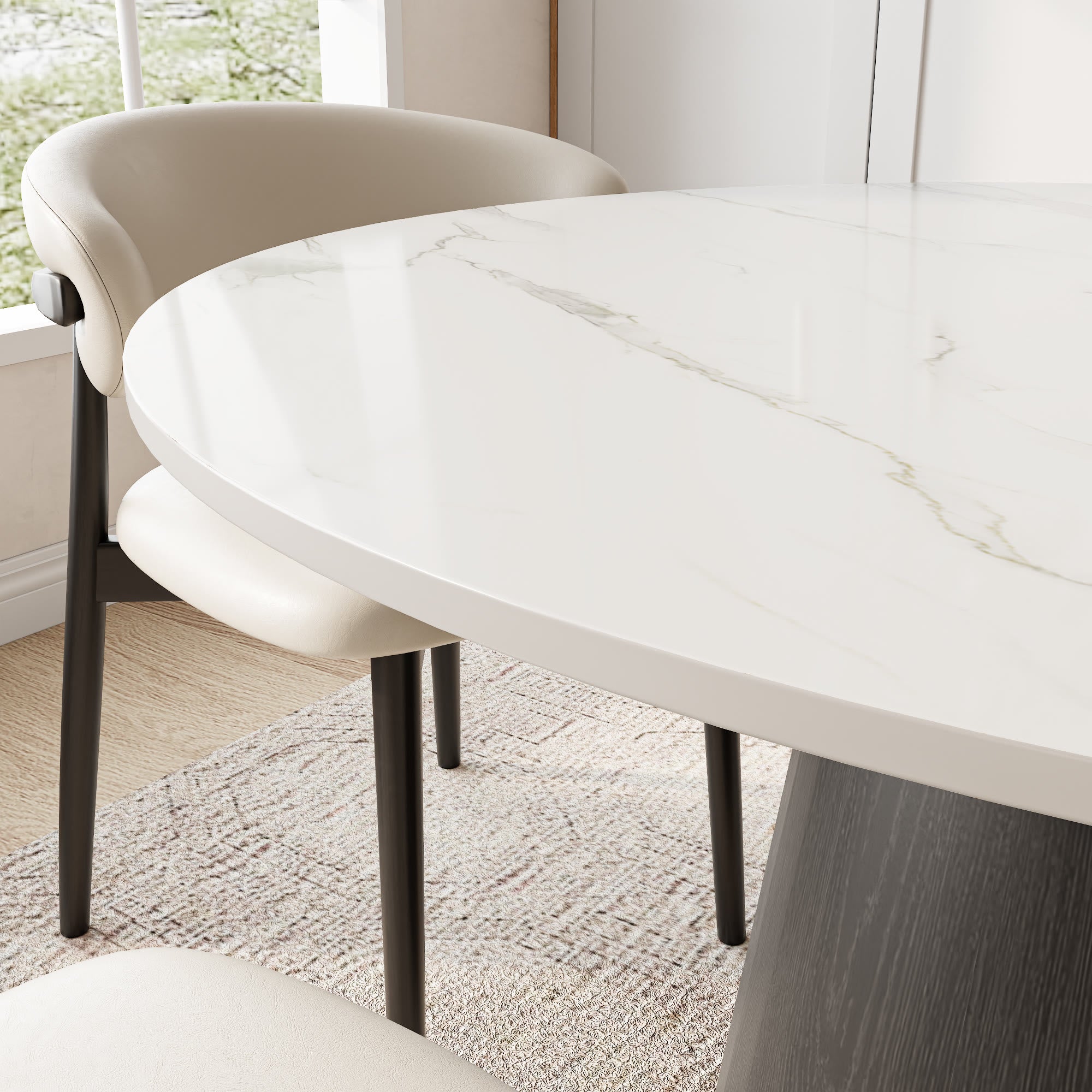 Calen Black Solid Wood Pedestal Round Dining Table with Snow White Stone Top - image 7
