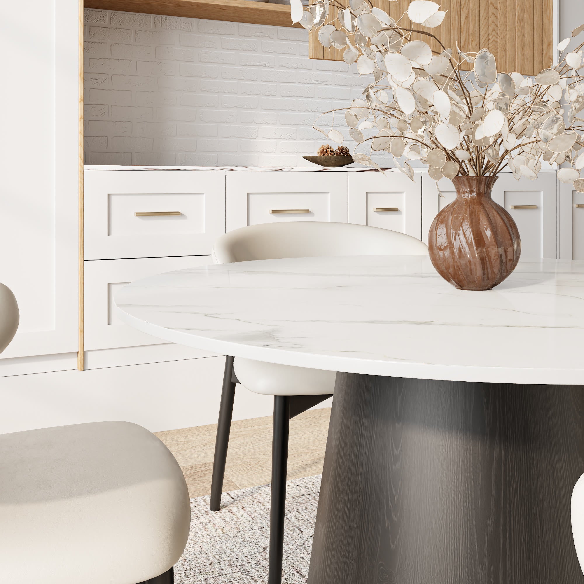 Calen Black Solid Wood Pedestal Round Dining Table with Snow White Stone Top - image 2