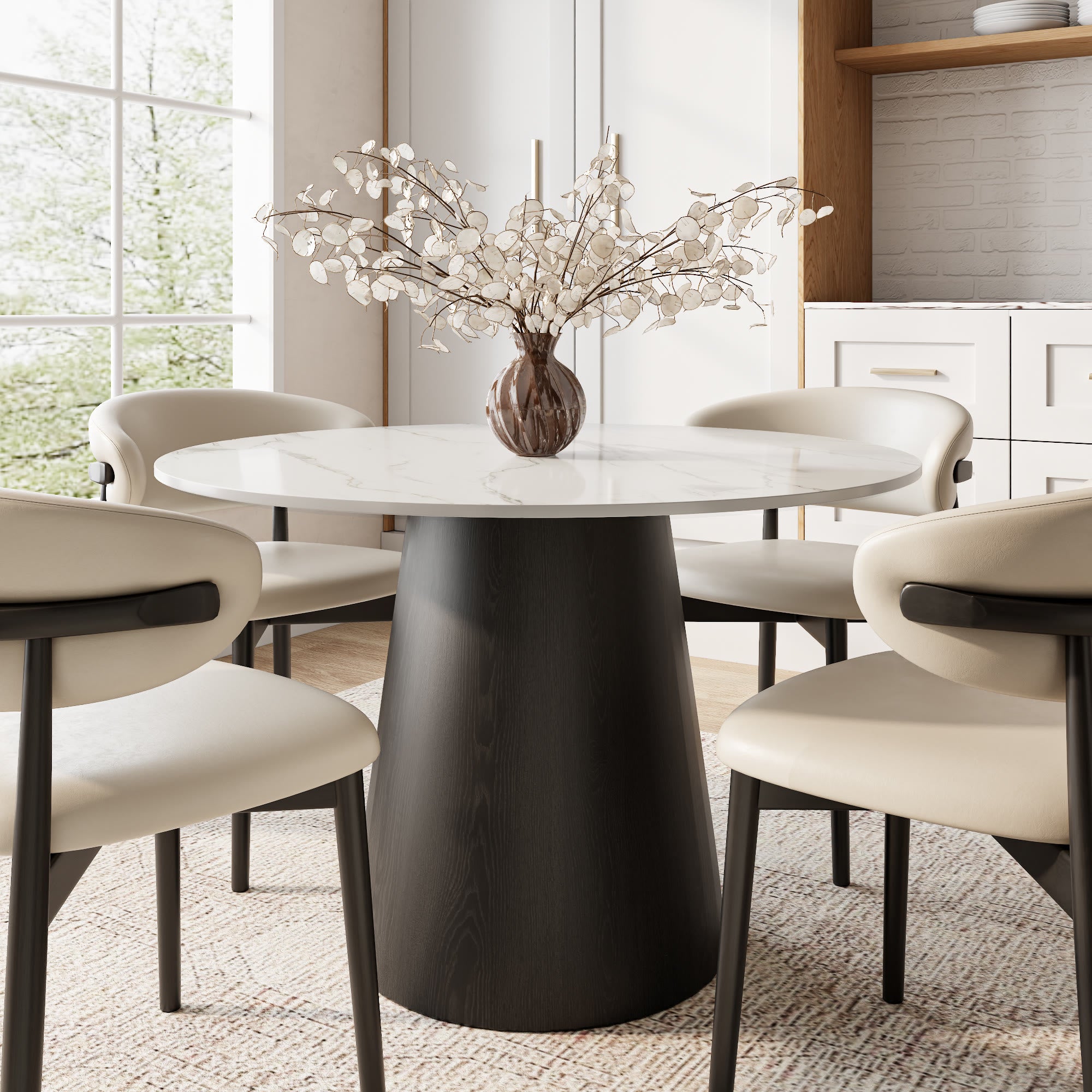 Calen Black Solid Wood Pedestal Round Dining Table with Snow White Stone Top - 43.31'' W X 43.31'' D X 29.53'' H - image 0