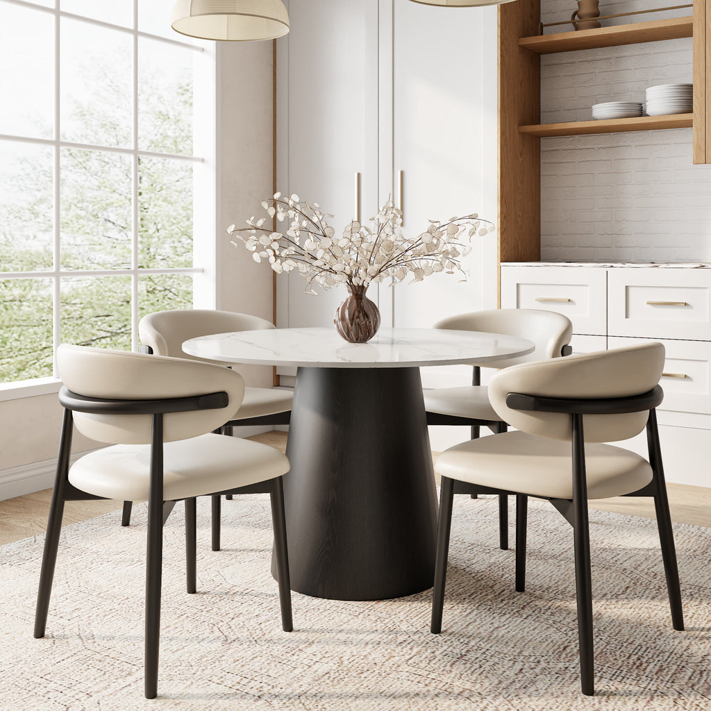 Calen Black Solid Wood Pedestal Round Dining Table with Snow White Stone Top - image 3