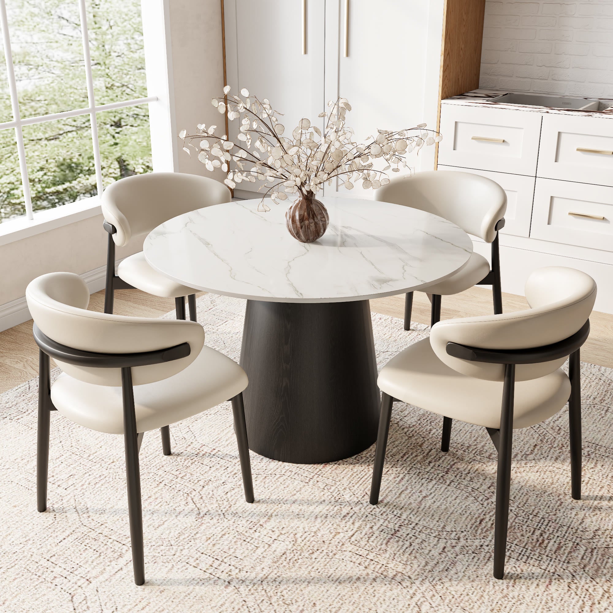 Calen Black Solid Wood Pedestal Round Dining Table with Snow White Stone Top - image 4
