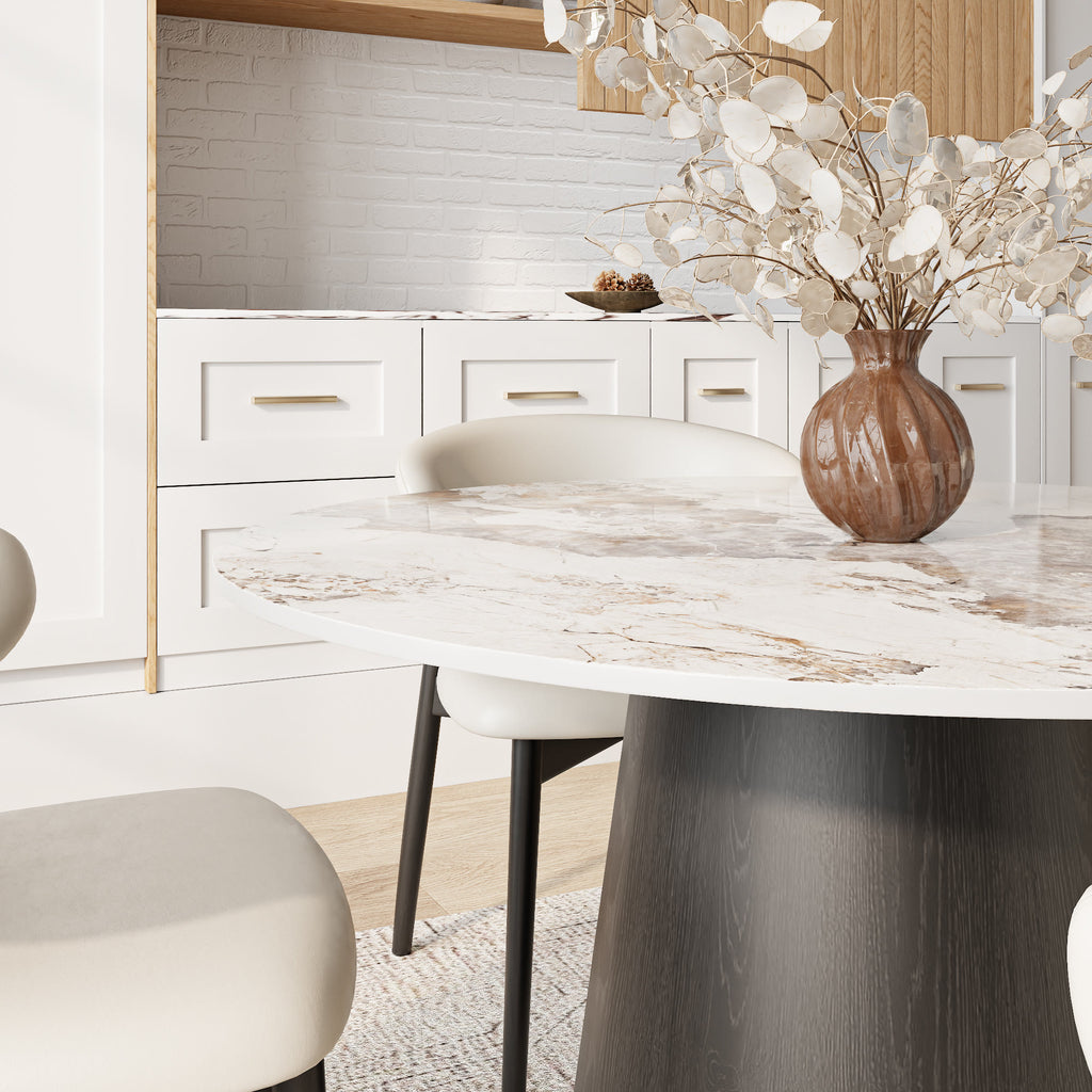 Calen Black Solid Wood Pedestal Round Dining Table with Pandora Stone Top - image 2