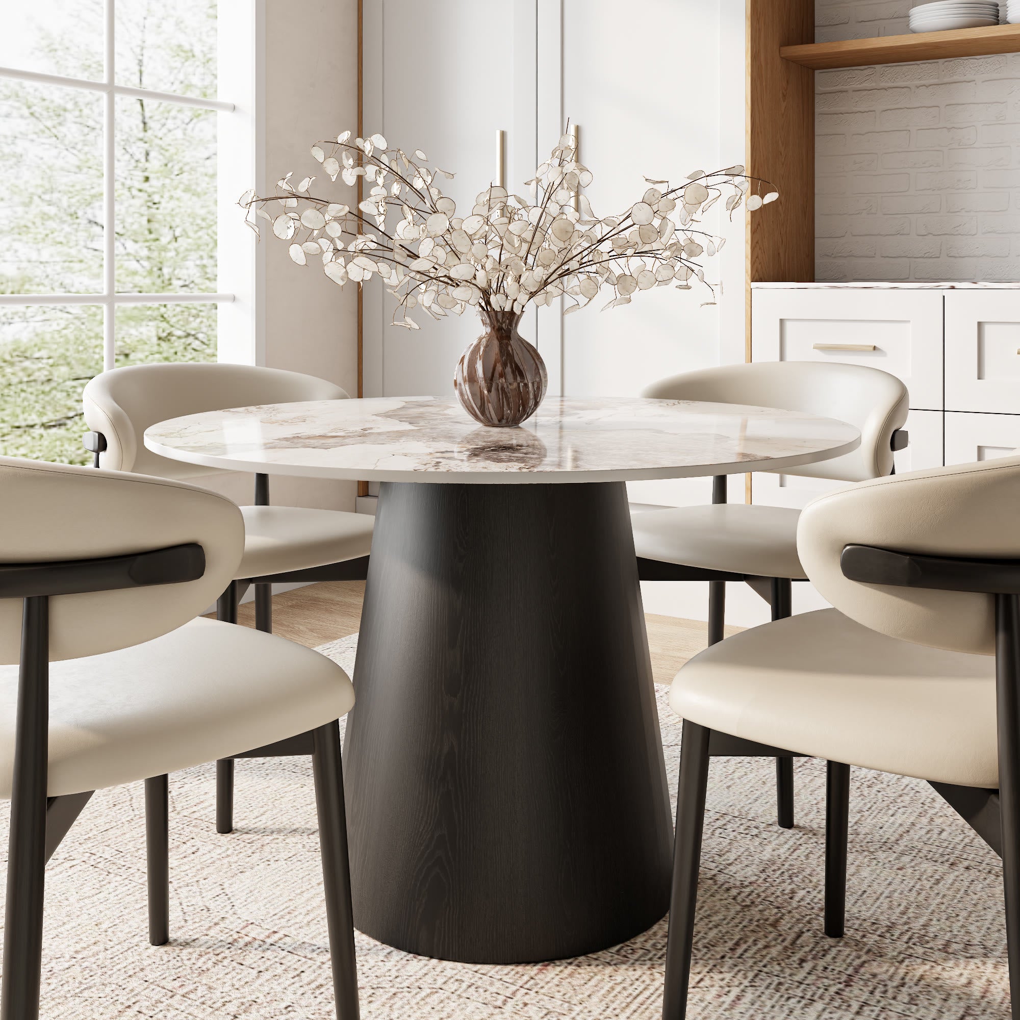 Calen Black Solid Wood Pedestal Round Dining Table with Pandora Stone Top - 43.31'' W X 43.31'' D X 29.53'' H - image 0