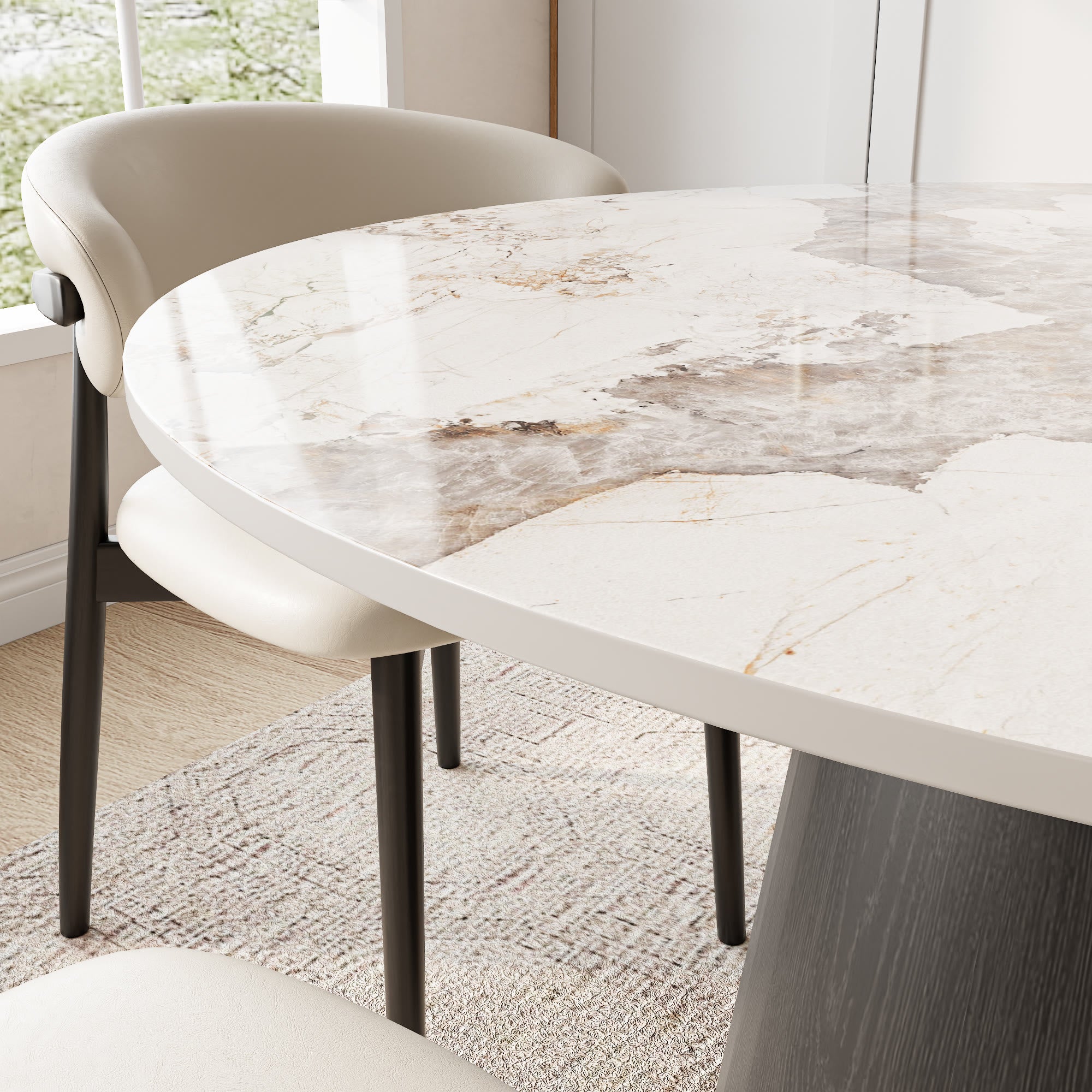 Calen Black Solid Wood Pedestal Round Dining Table with Pandora Stone Top - image 7