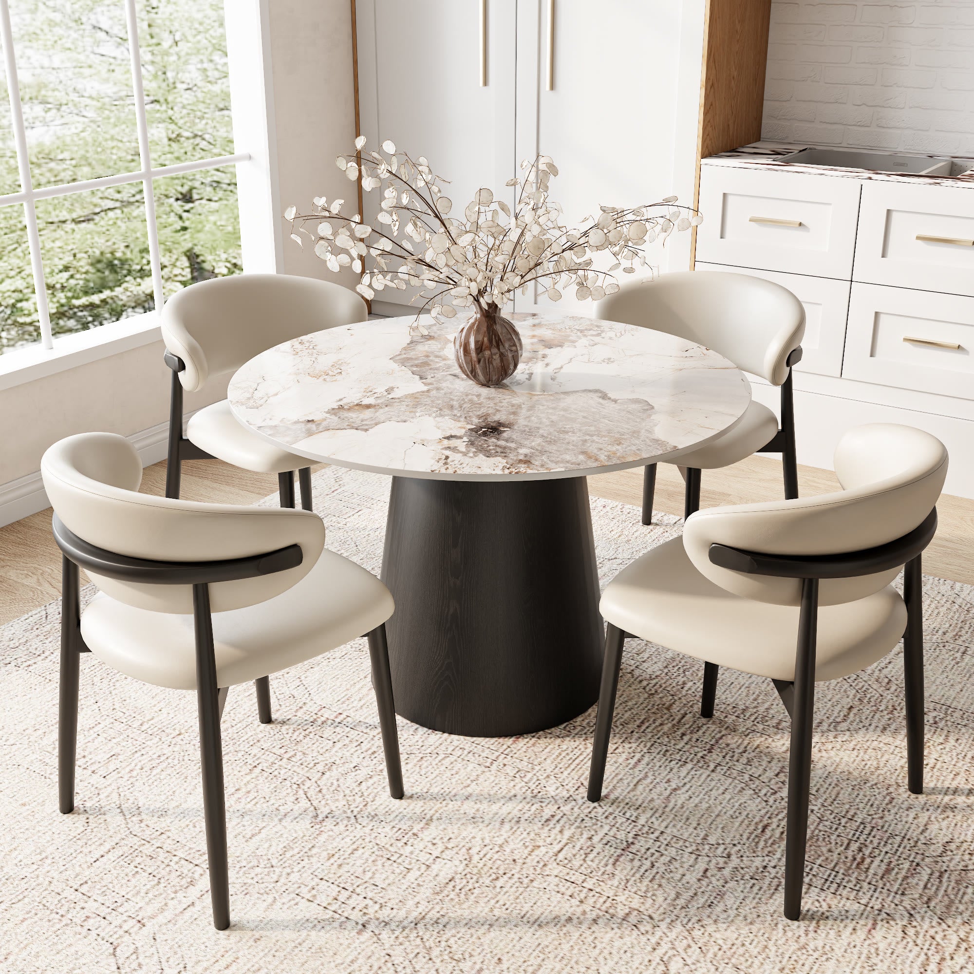 Calen Black Solid Wood Pedestal Round Dining Table with Pandora Stone Top - image 4