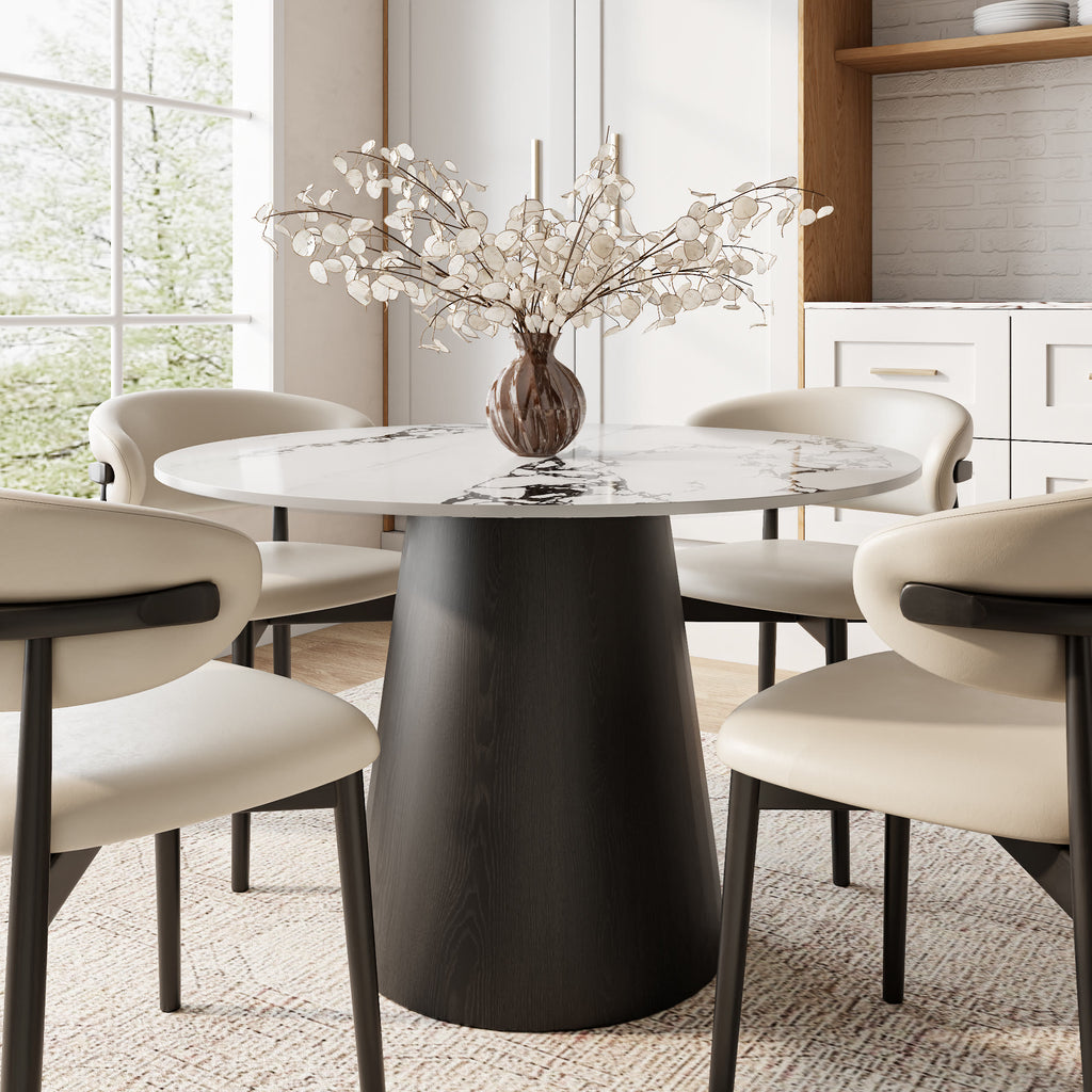 Calen Black Solid Wood Pedestal Round Dining Table with Ink-Veined Stone Top - 43.31'' W X 43.31'' D X 29.53'' H - image 0