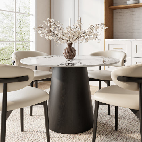 Calen Black Solid Wood Pedestal Round Dining Table with Ink-Veined Stone Top - 43.31'' W X 43.31'' D X 29.53'' H - image 0