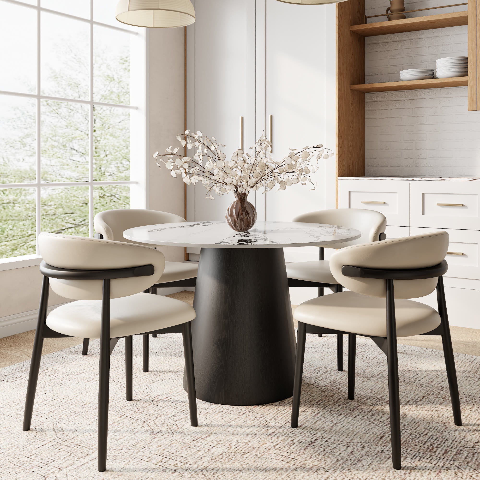 Calen Black Solid Wood Pedestal Round Dining Table with Ink-Veined Stone Top - image 3