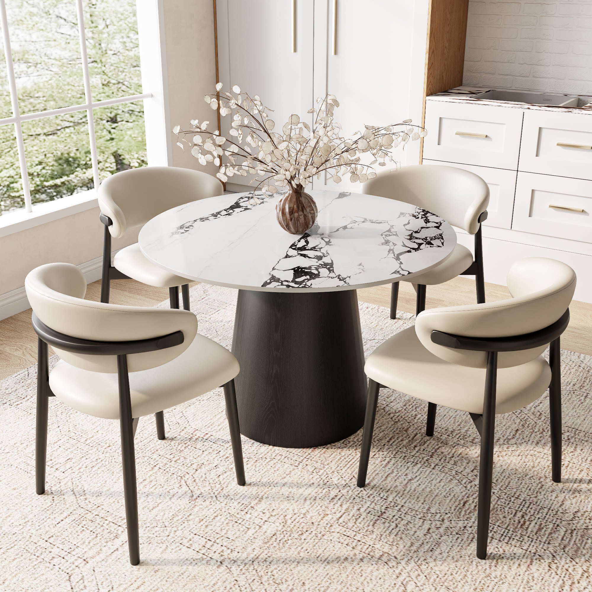 Calen Black Solid Wood Pedestal Round Dining Table with Ink-Veined Stone Top - image 4