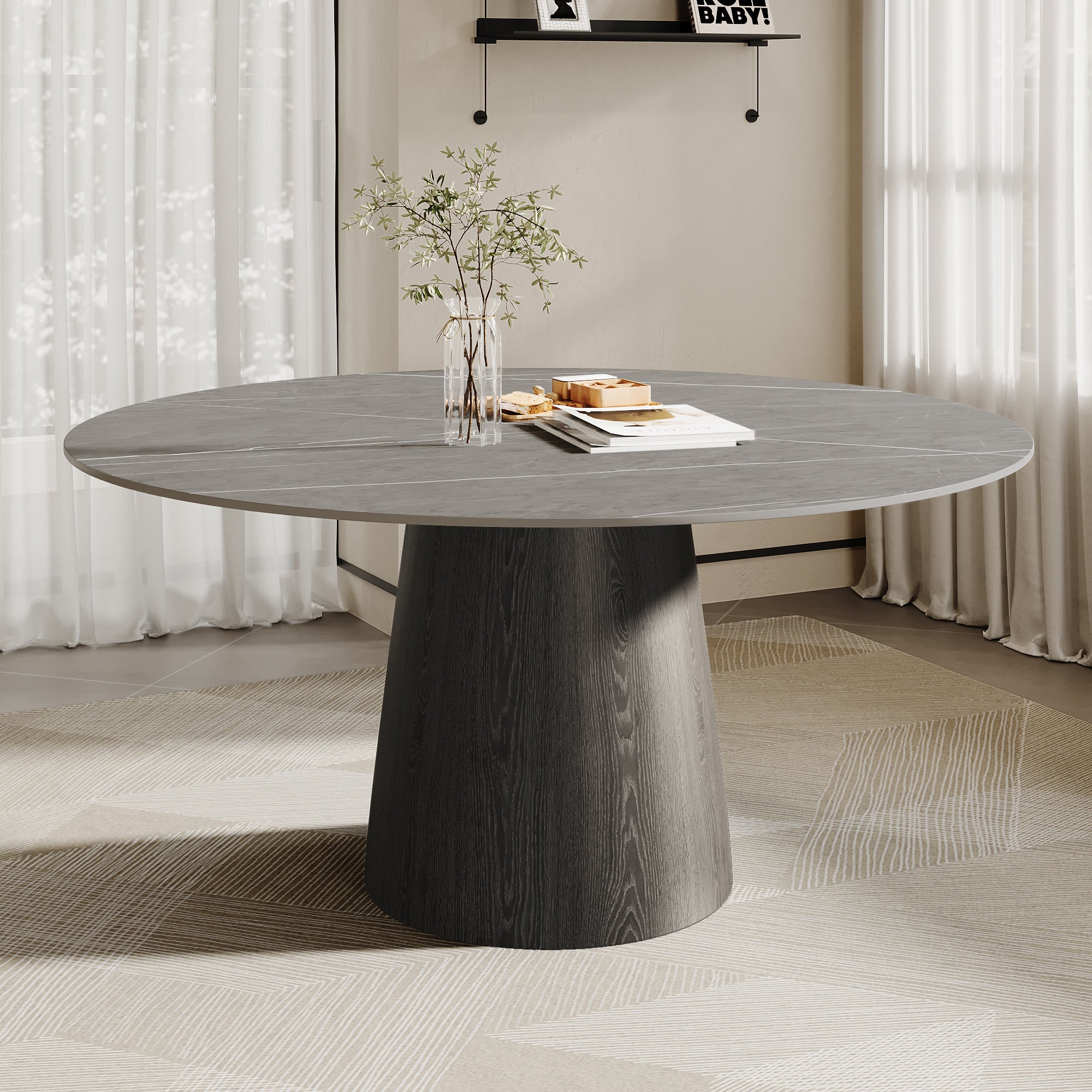 Calen Black Solid Wood Pedestal Round Dining Table with Grey Stone Top - 59.05'' W X 59.05'' D X 29.53'' H - image 0
