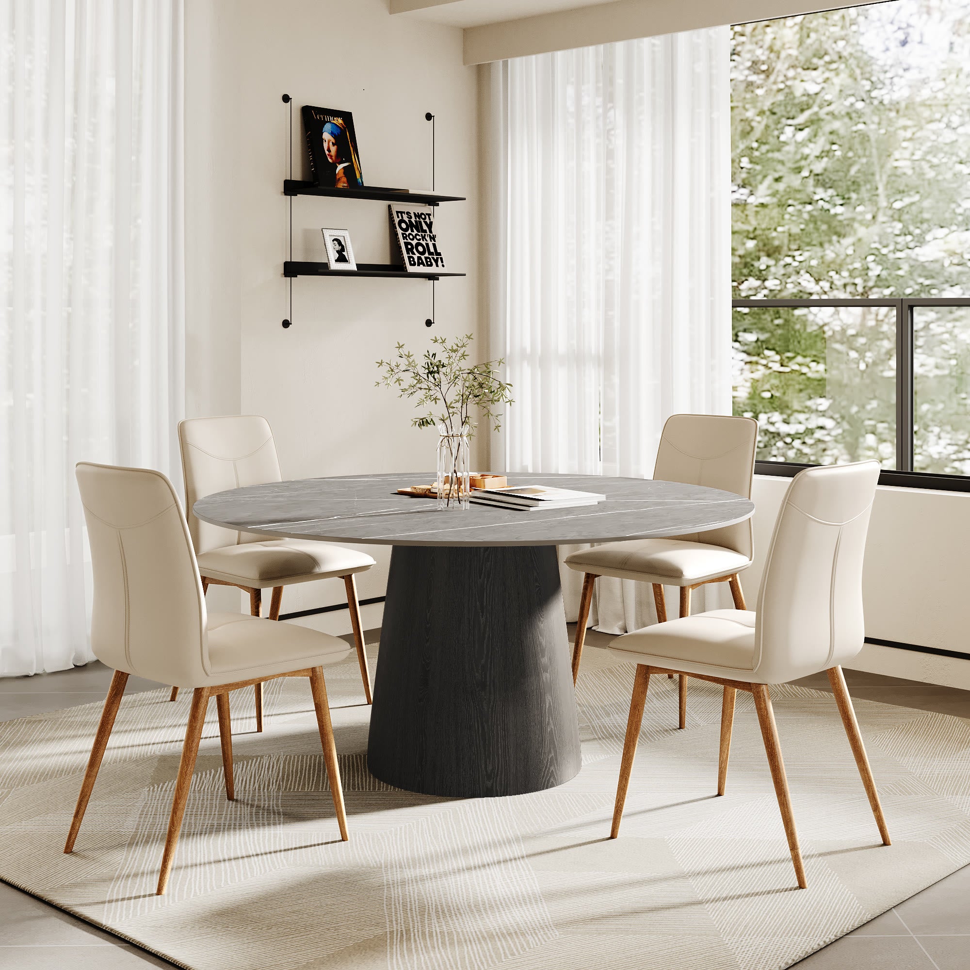 Calen Black Solid Wood Pedestal Round Dining Table with Grey Stone Top - image 3
