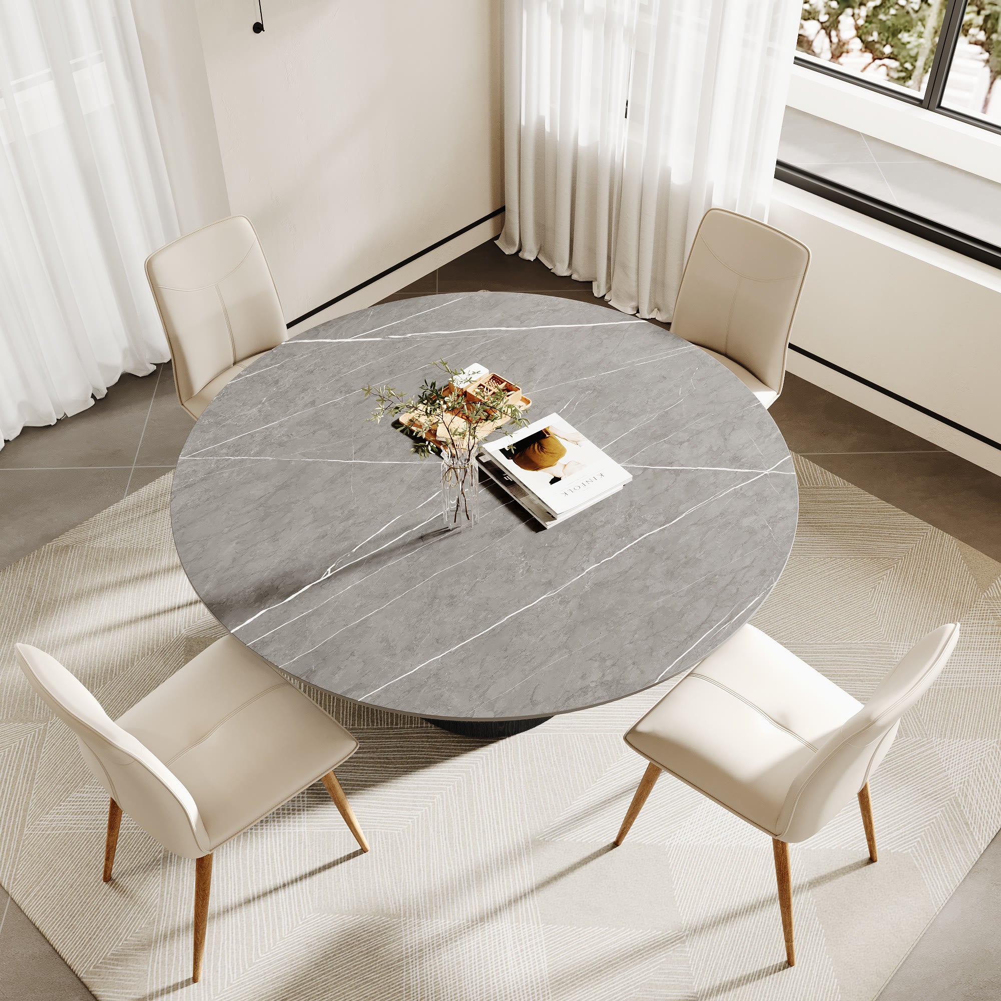 Calen Black Solid Wood Pedestal Round Dining Table with Grey Stone Top - image 4