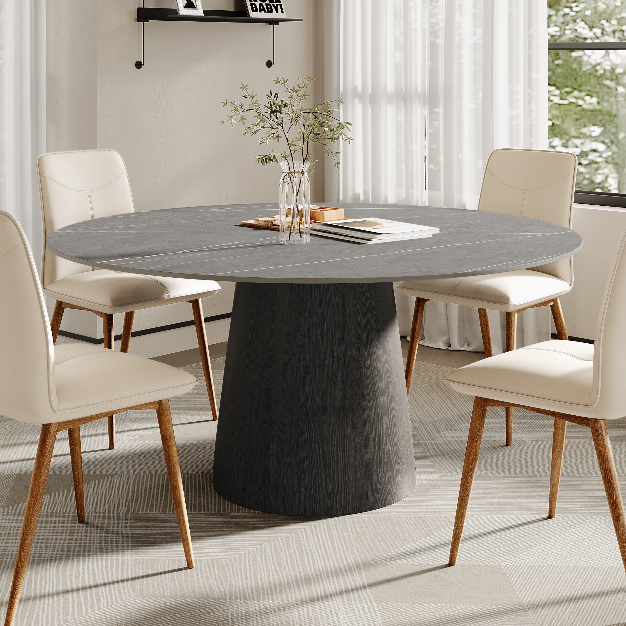 Calen Black Solid Wood Pedestal Round Dining Table with Grey Stone Top - image 2