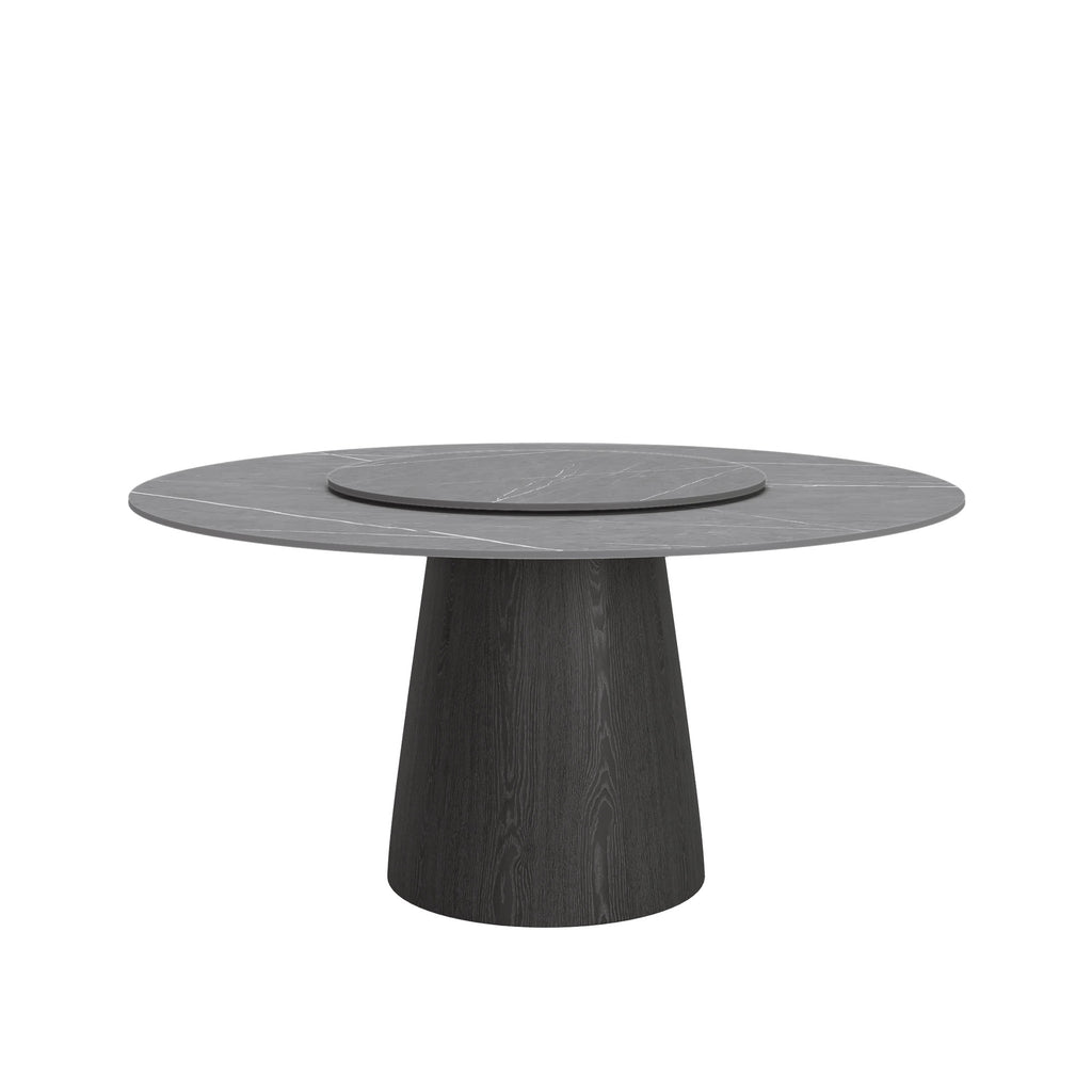 Calen Black Solid Wood Pedestal Round Dining Table with Grey Stone Top and Removable Lazy Susan - image 1