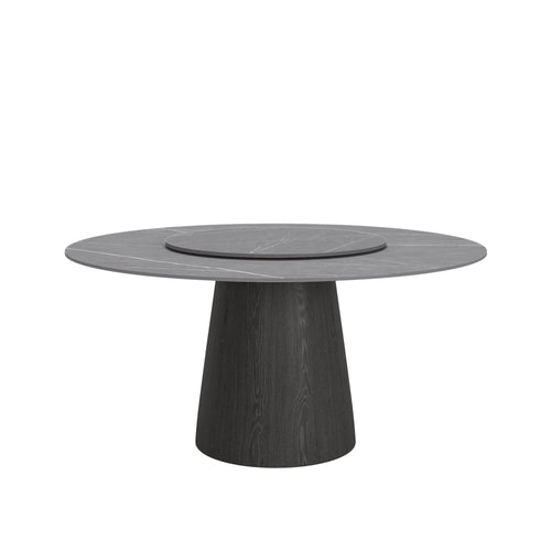 Calen Black Solid Wood Pedestal Round Dining Table with Grey Stone Top and Removable Lazy Susan - image 1