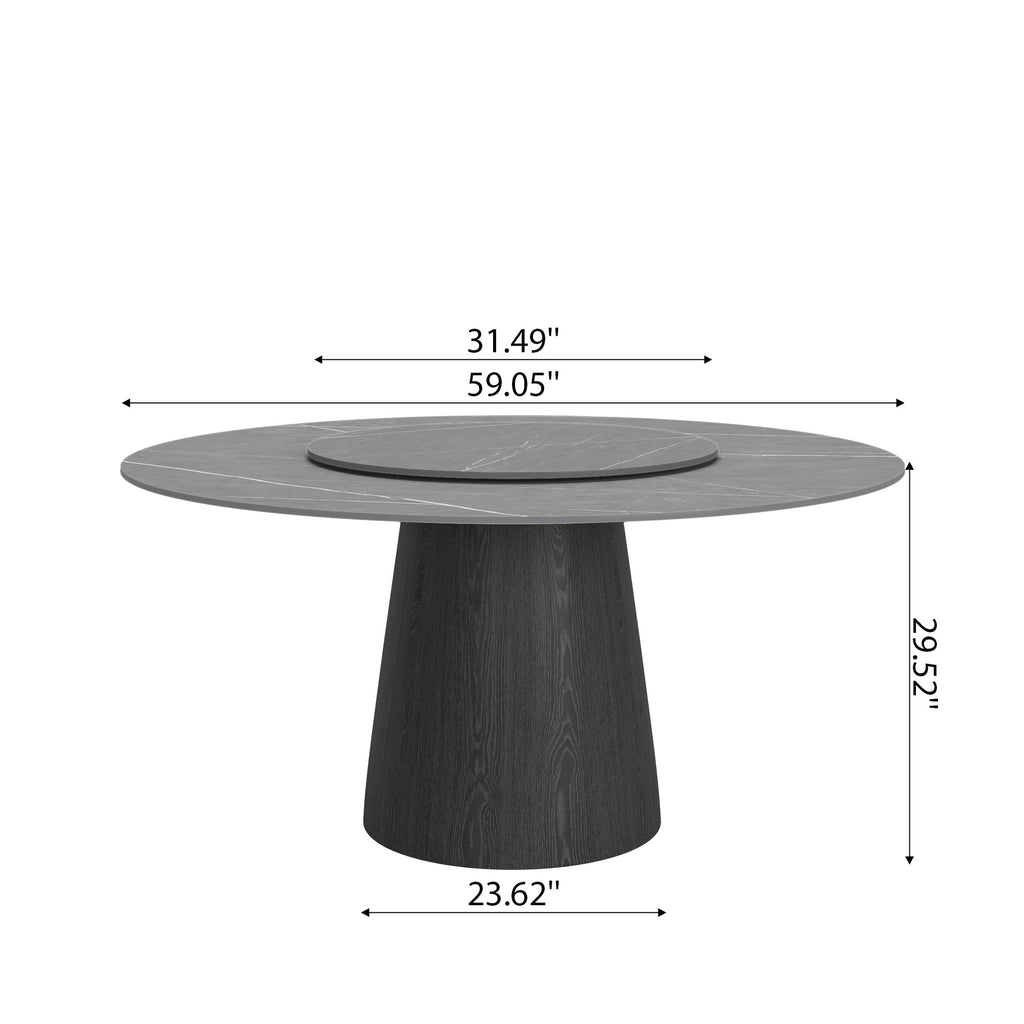 Calen Black Solid Wood Pedestal Round Dining Table with Grey Stone Top and Removable Lazy Susan - image 8
