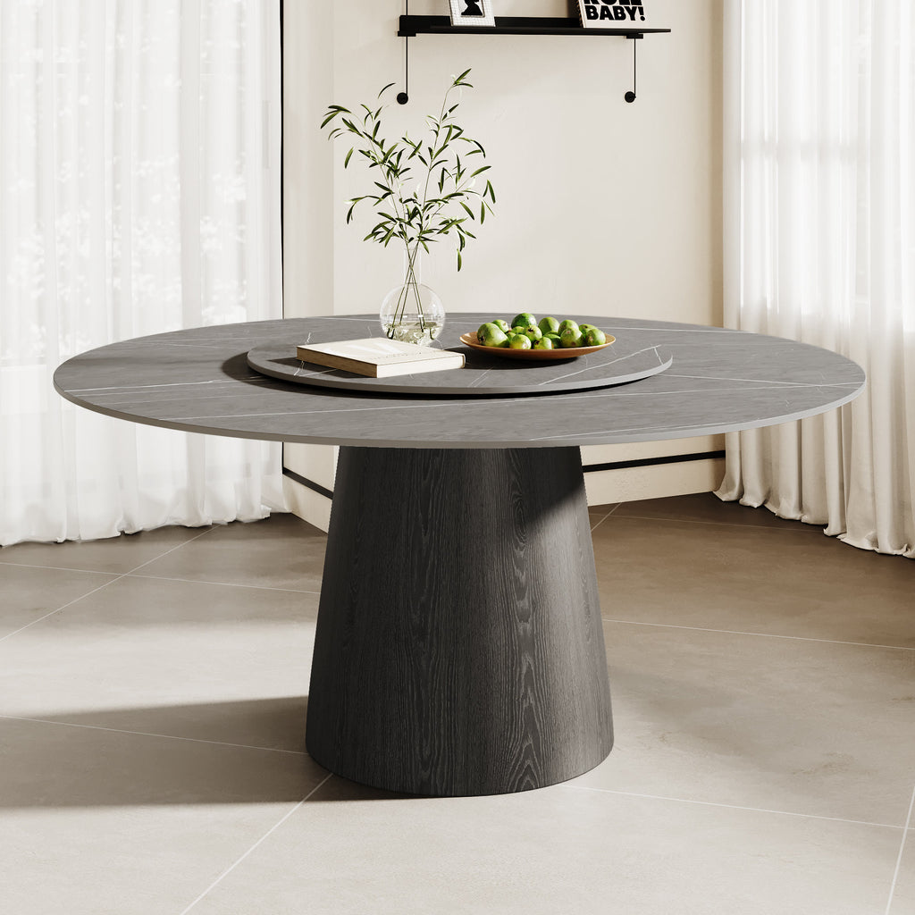 Calen Black Solid Wood Pedestal Round Dining Table with Grey Stone Top and Removable Lazy Susan - 59.05'' W X 59.05'' D X 29.53'' H - image 0