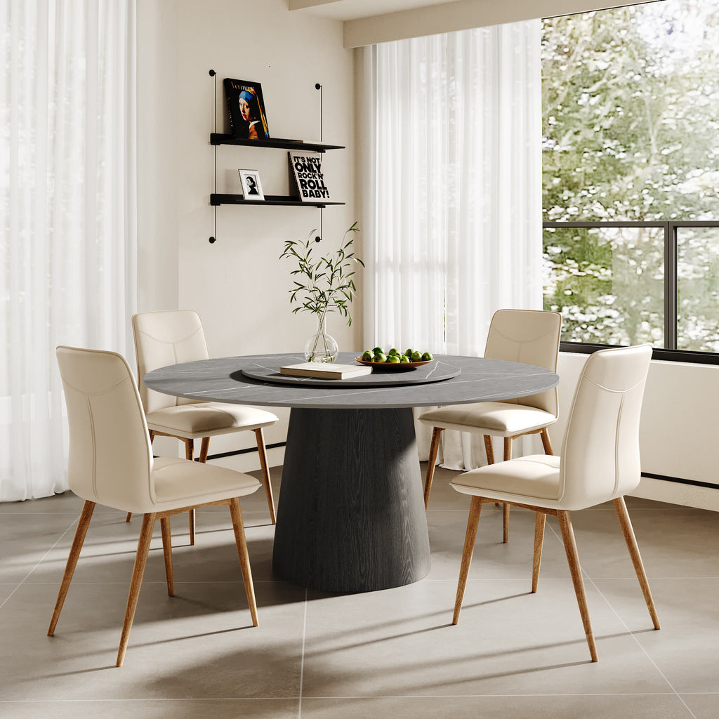 Calen Black Solid Wood Pedestal Round Dining Table with Grey Stone Top and Removable Lazy Susan - image 3