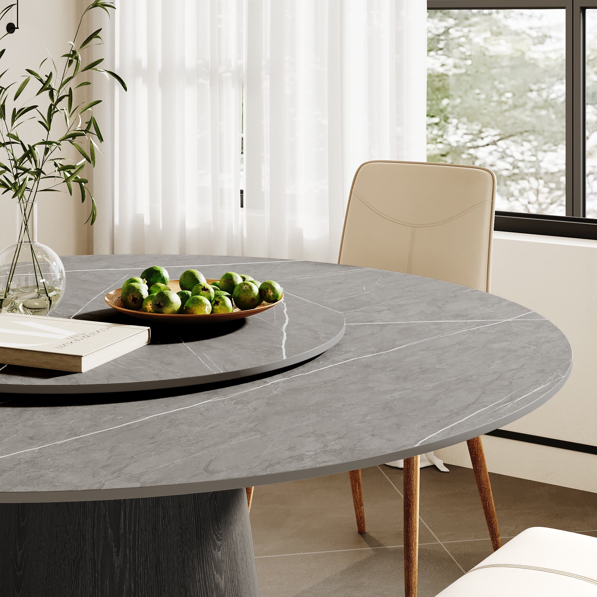 Calen Black Solid Wood Pedestal Round Dining Table with Grey Stone Top and Removable Lazy Susan - image 9