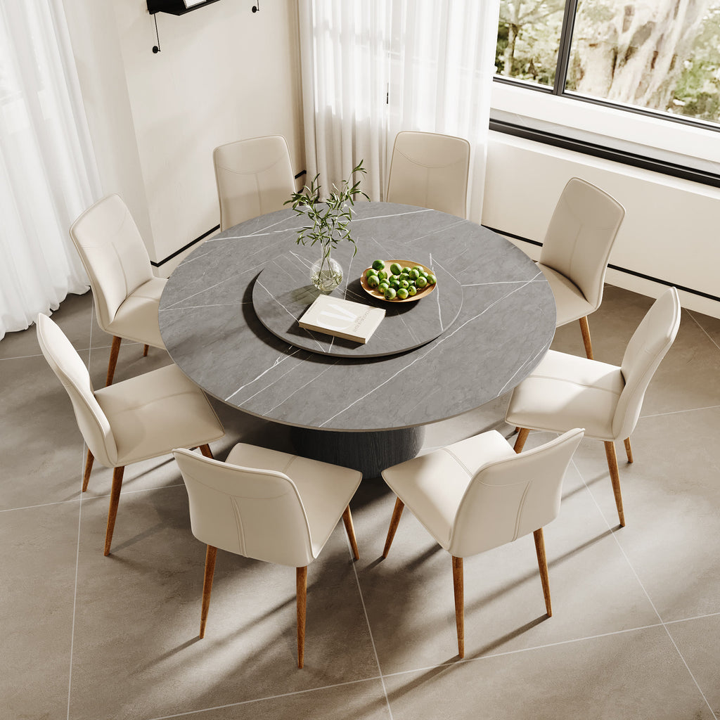 Calen Black Solid Wood Pedestal Round Dining Table with Grey Stone Top and Removable Lazy Susan - image 6