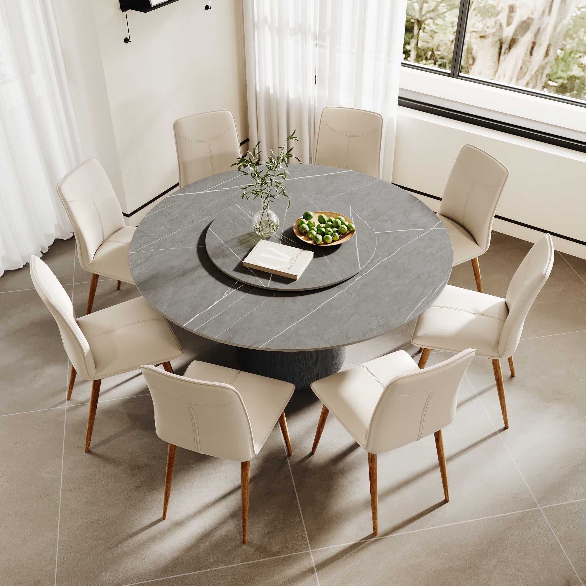 Calen Black Solid Wood Pedestal Round Dining Table with Grey Stone Top and Removable Lazy Susan - image 6