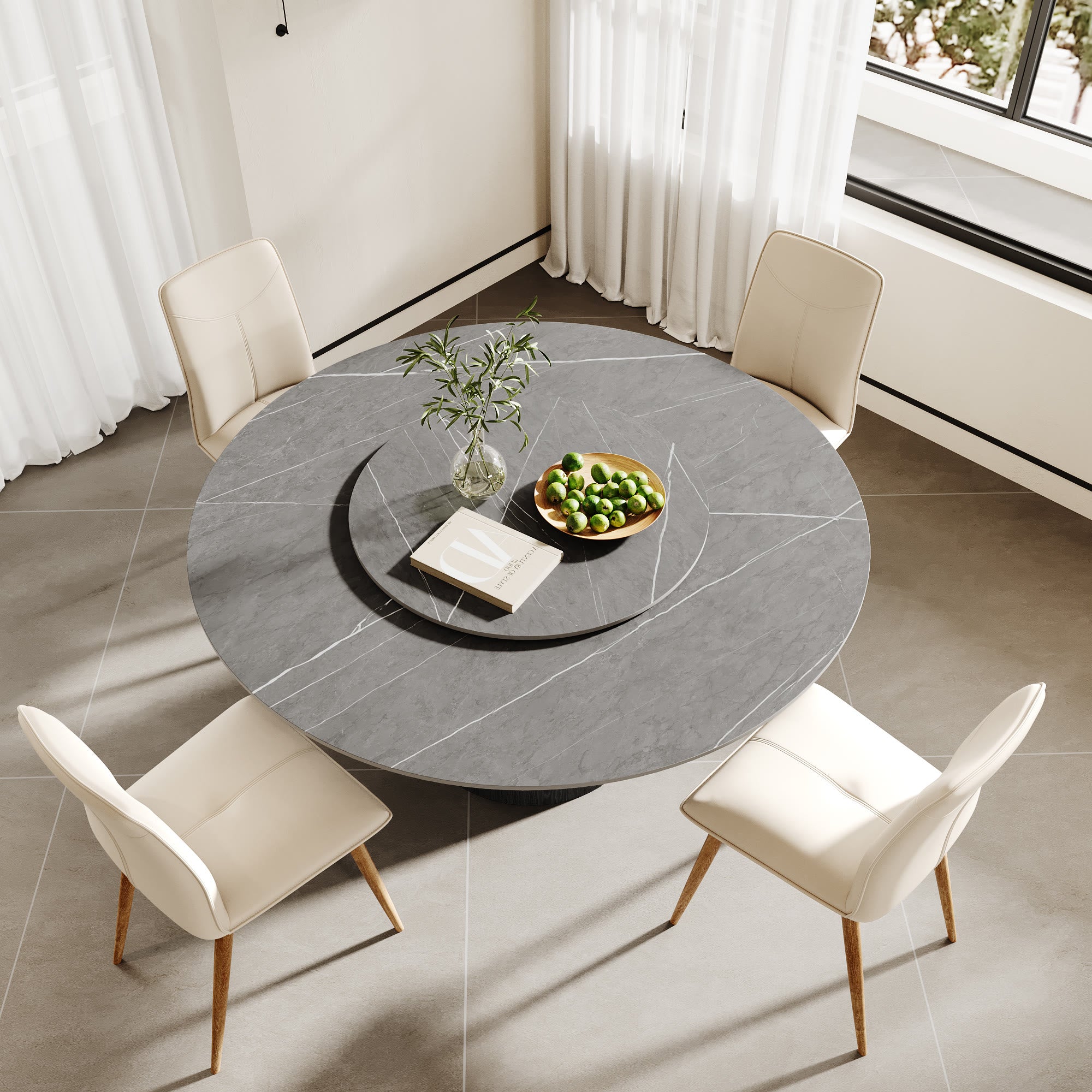 Calen Black Solid Wood Pedestal Round Dining Table with Grey Stone Top and Removable Lazy Susan - image 4