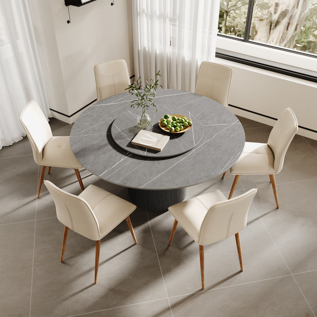 Calen Black Solid Wood Pedestal Round Dining Table with Grey Stone Top and Removable Lazy Susan - image 5