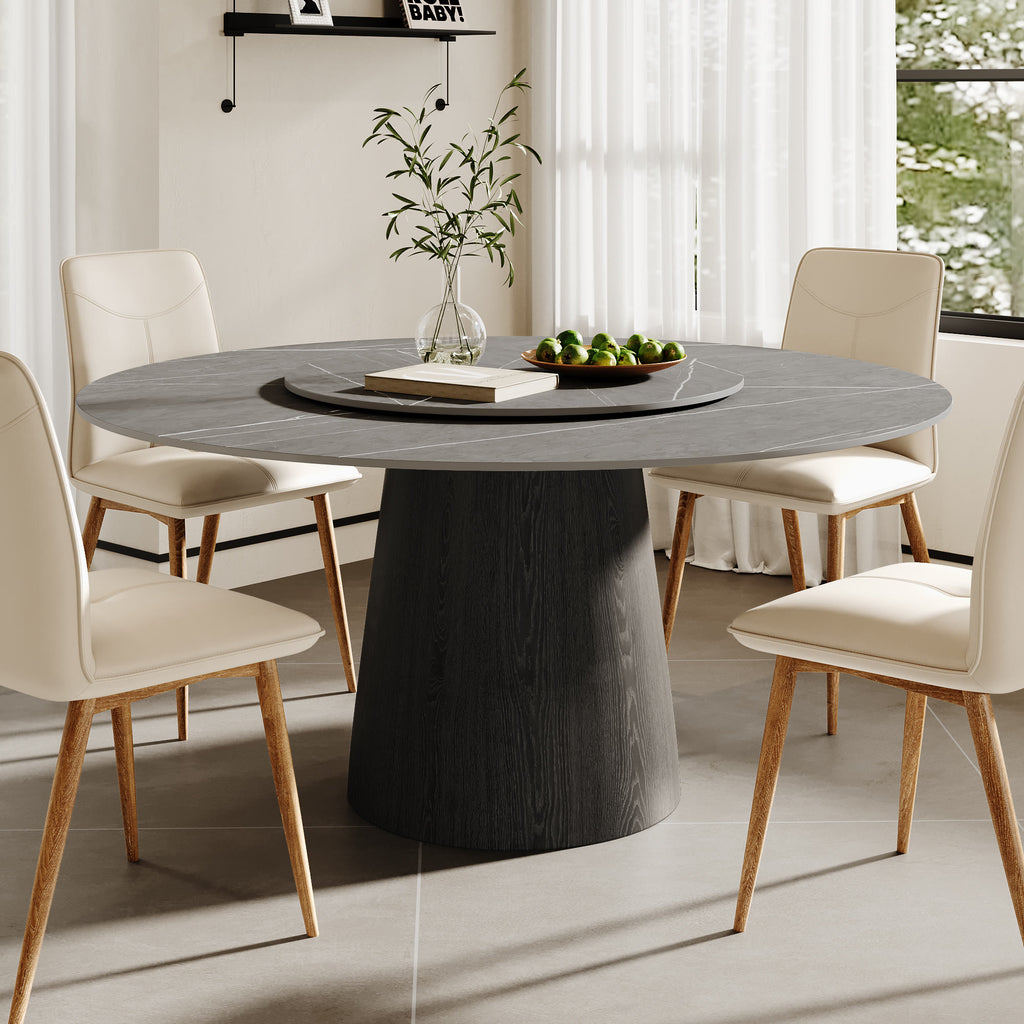 Calen Black Solid Wood Pedestal Round Dining Table with Grey Stone Top and Removable Lazy Susan - image 2