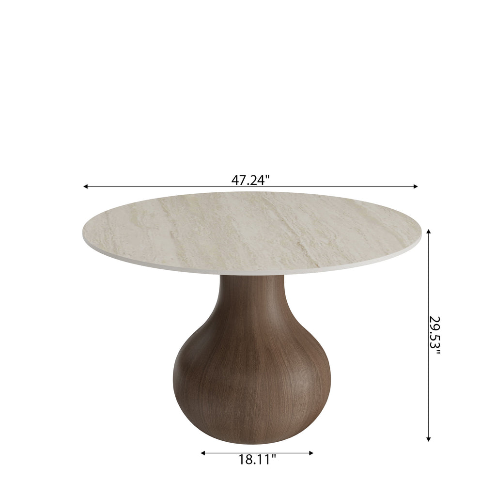 Centria Dark Walnut Solid Wood Pedestal Round Dining Table with Travertine Top - image 8