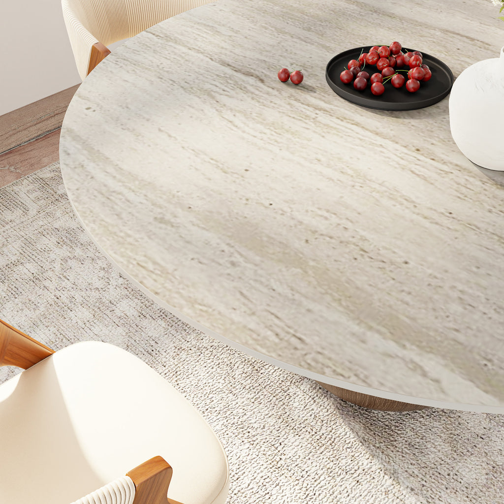 Centria Dark Walnut Solid Wood Pedestal Round Dining Table with Travertine Top - image 3