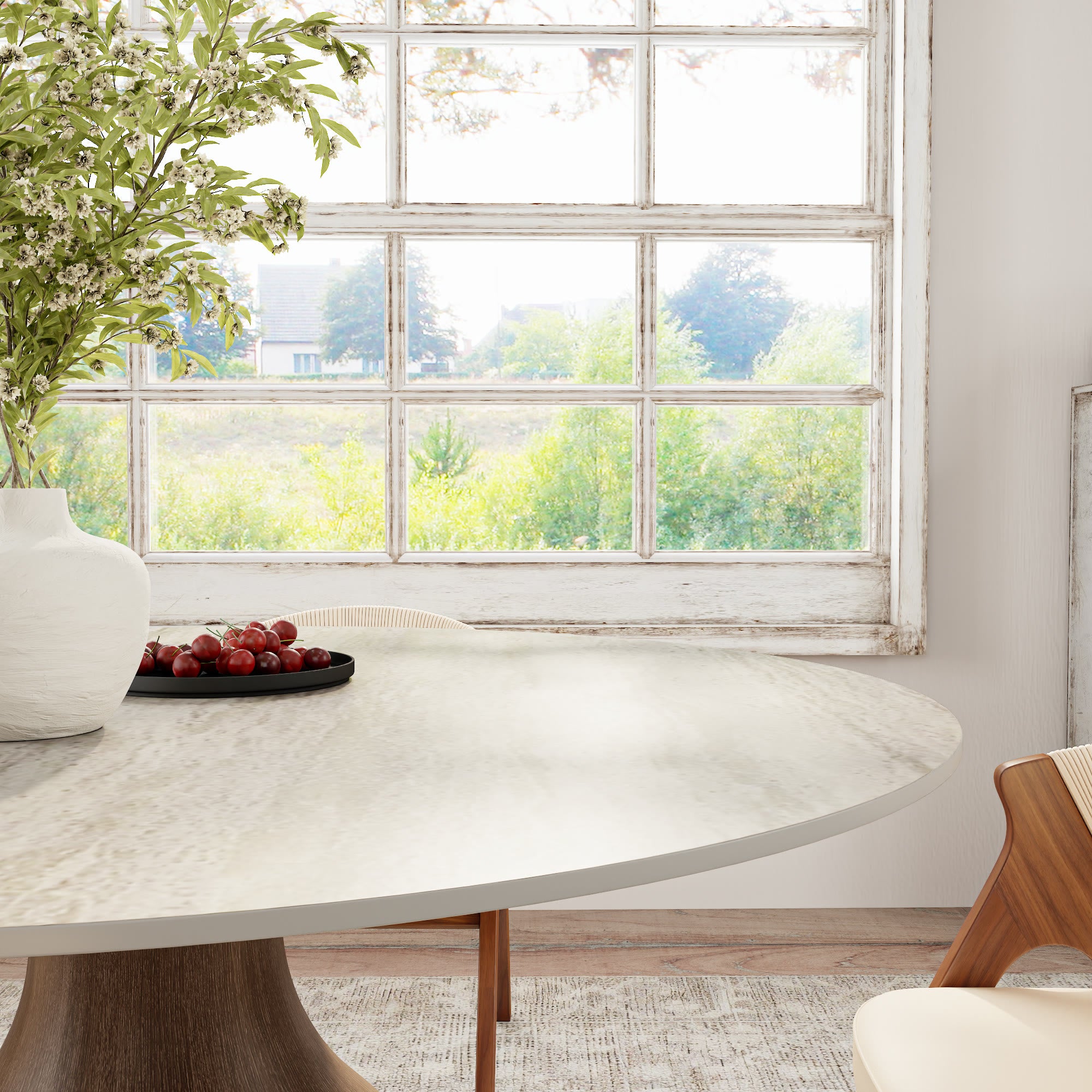 Centria Dark Walnut Solid Wood Pedestal Round Dining Table with Travertine Top - image 5