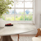 Centria Dark Walnut Solid Wood Pedestal Round Dining Table with Travertine Top - image 5