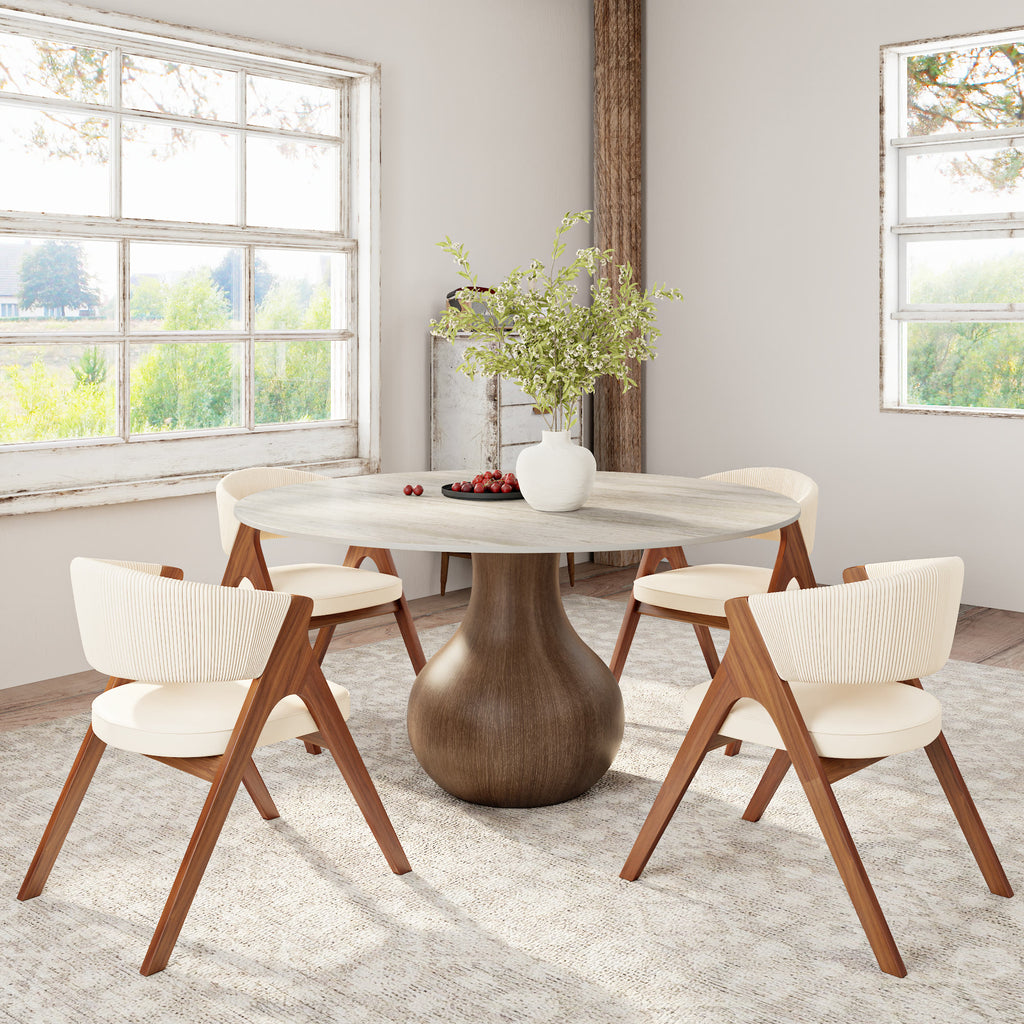 Centria Dark Walnut Solid Wood Pedestal Round Dining Table with Travertine Top - image 6