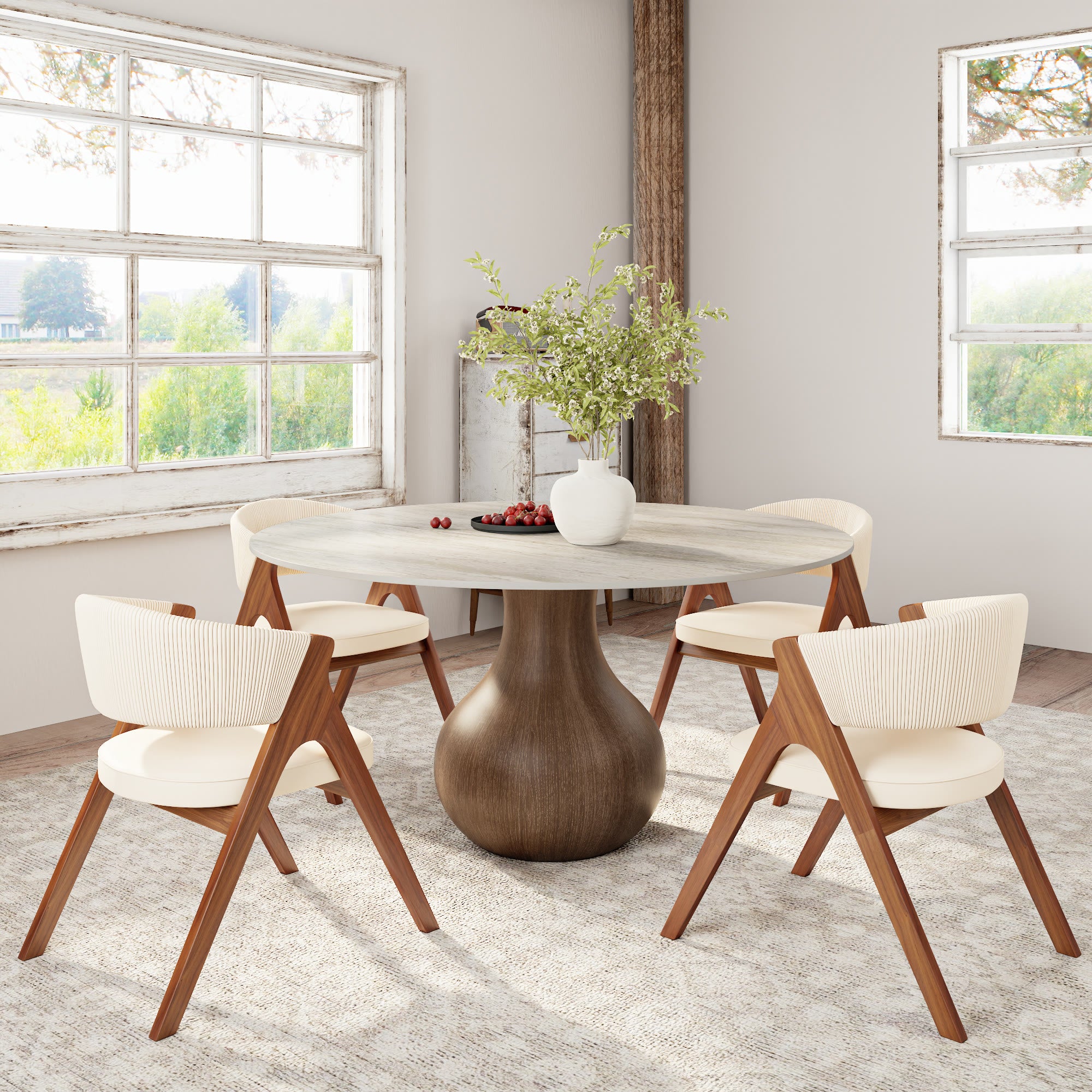 Centria Dark Walnut Solid Wood Pedestal Round Dining Table with Travertine Top - image 6